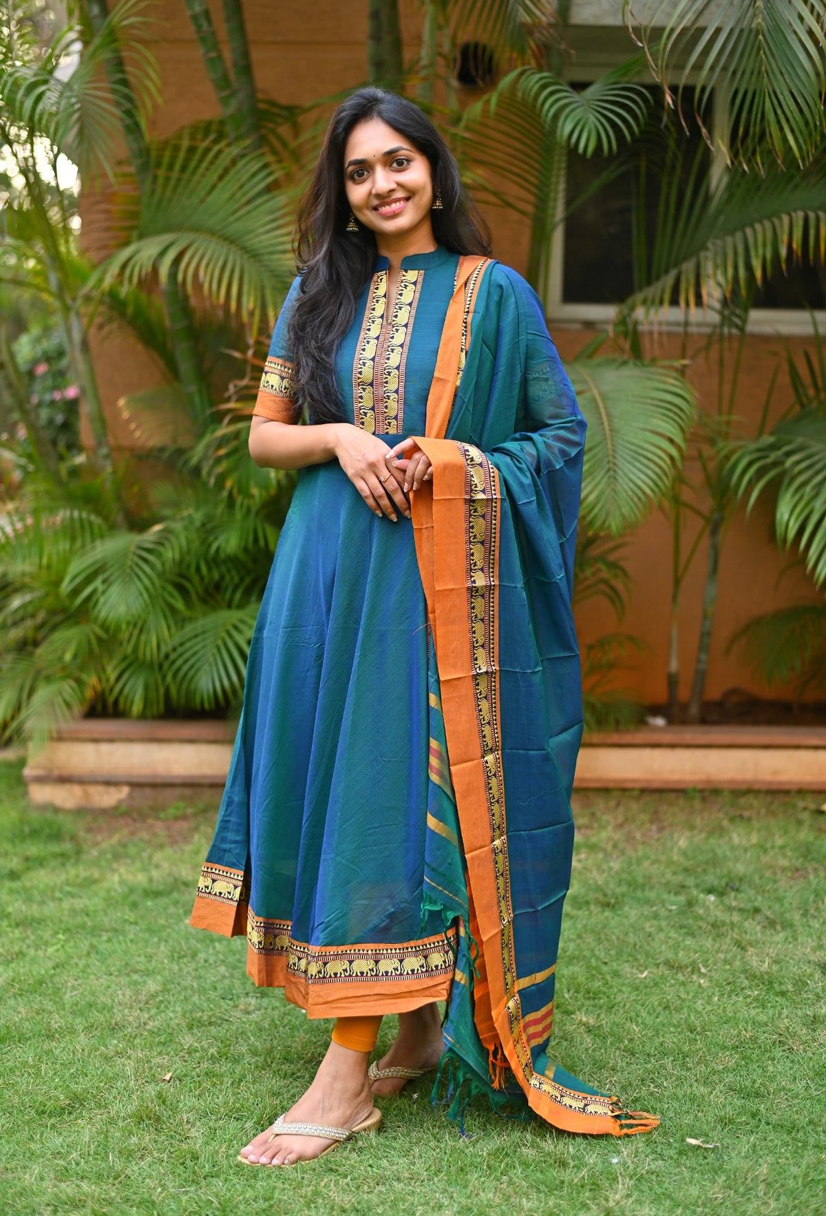 Arti Gold – Peacock Narayanpet Anarkali with Mustard Dupatta