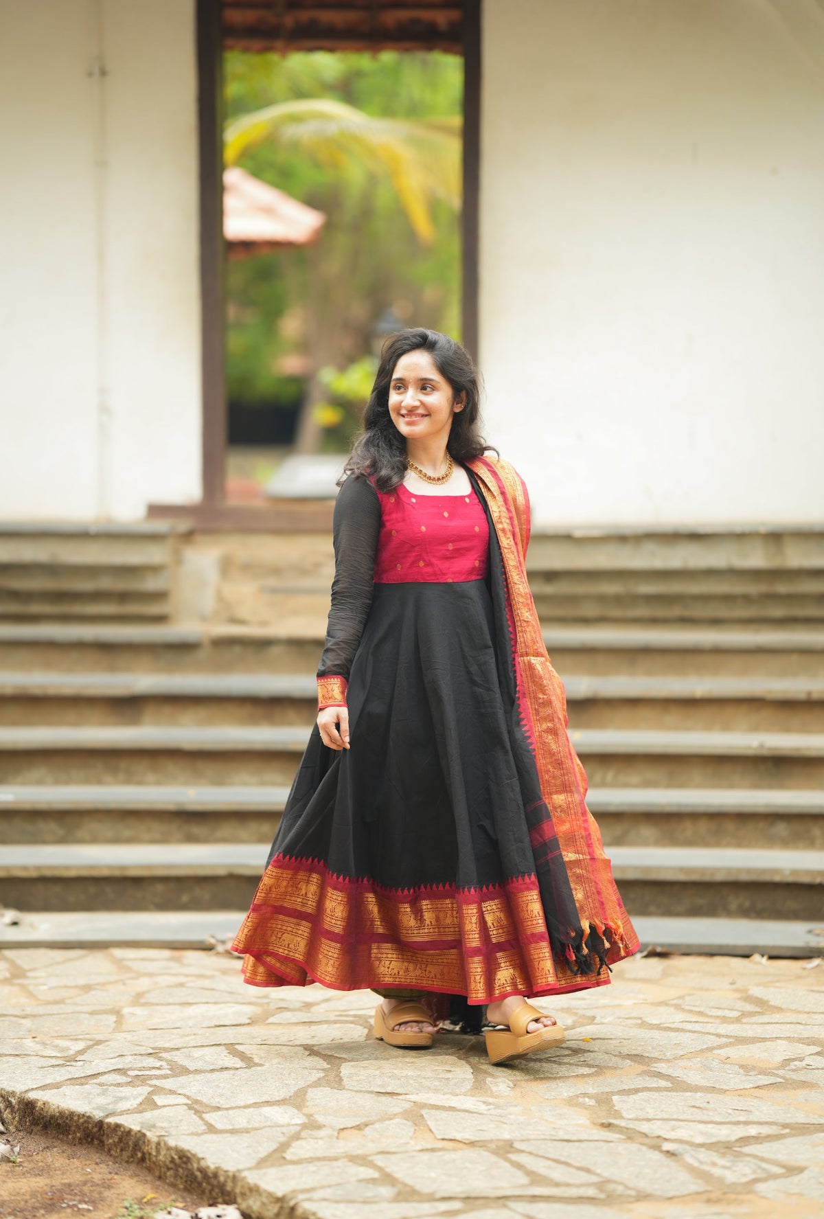 Damini – Red Chettinad Cotton Full-Flare Anarkali Suit