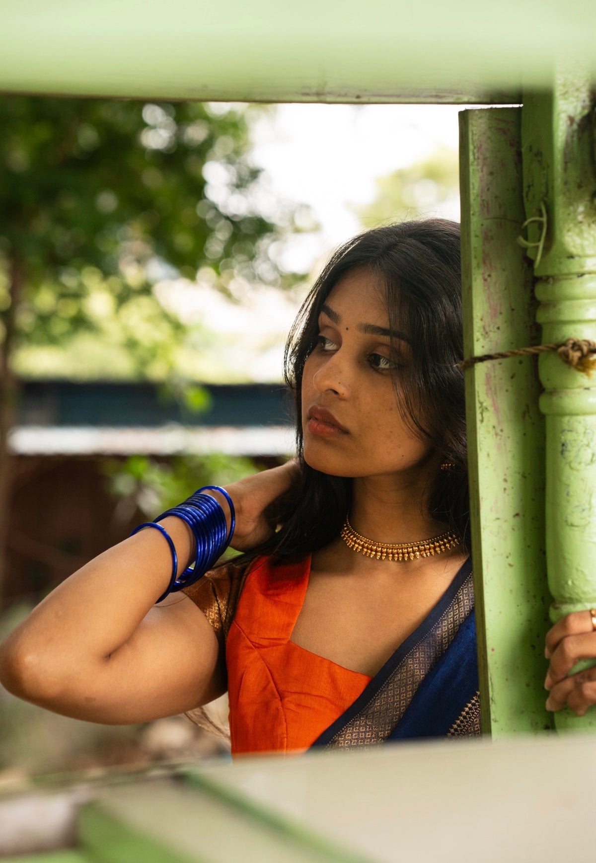 Sundari-2-tone Maheshwari silk saree(Blue with orange)
