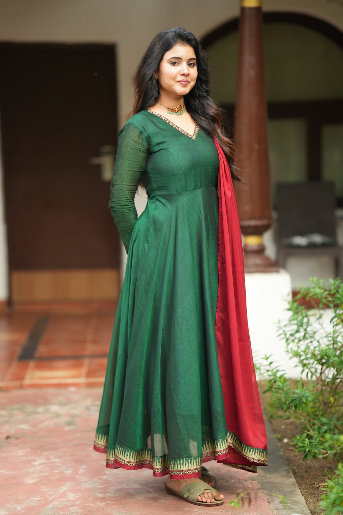 Akila – Green Narayanpet Anarkali with Red Dupatta