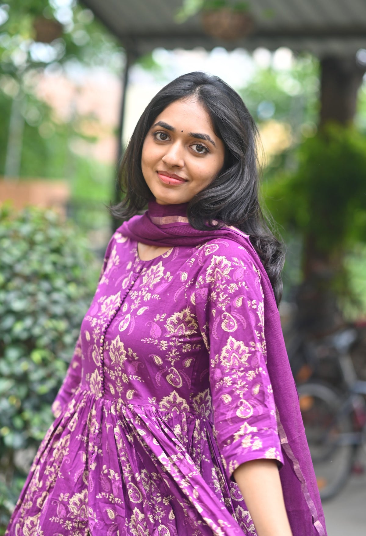 Aditi – Violet Cotton Handblock Anarkali Suit Set