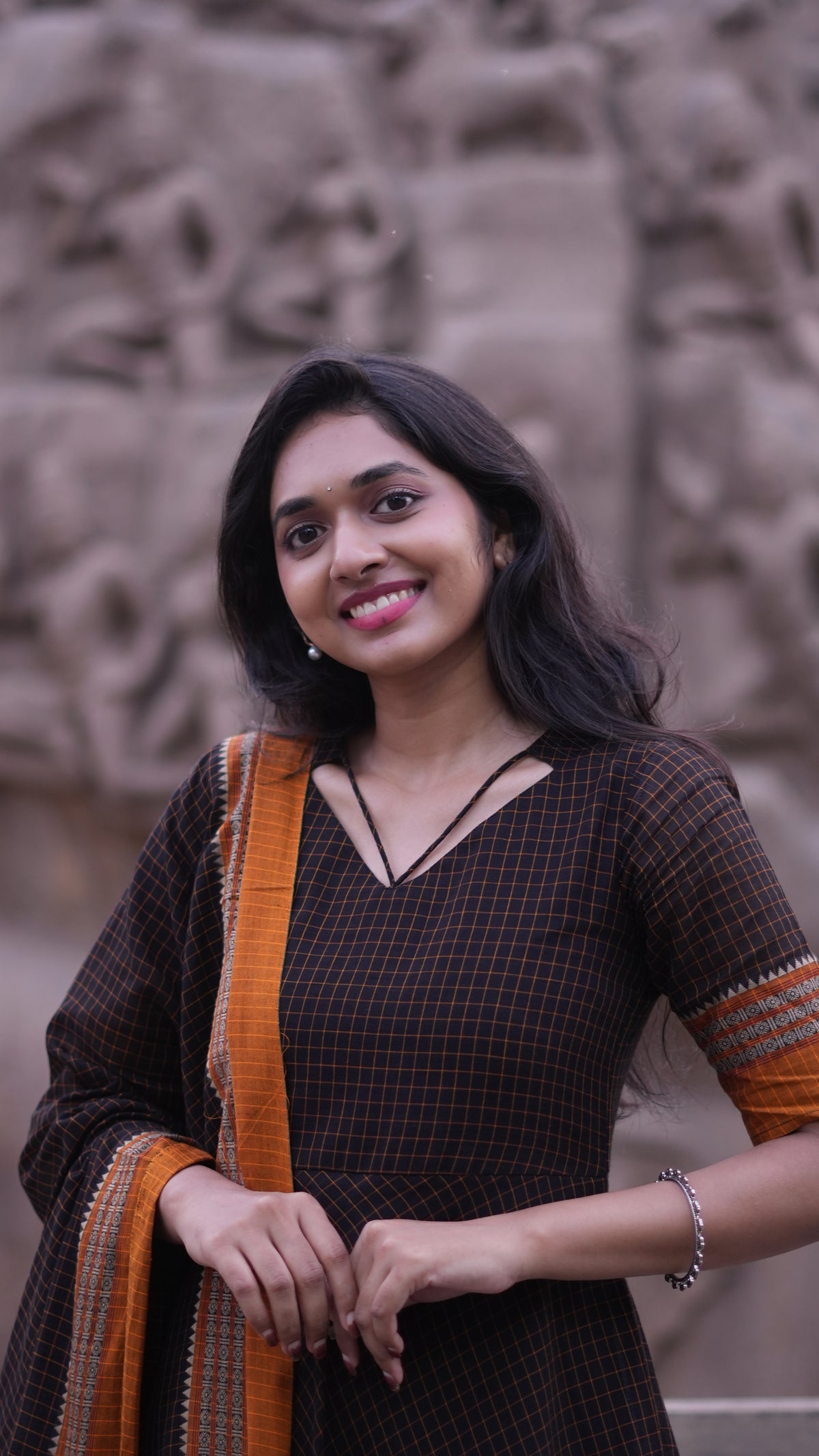 Arti Checks – Black Narayanpet Anarkali with Mustard Dupatta