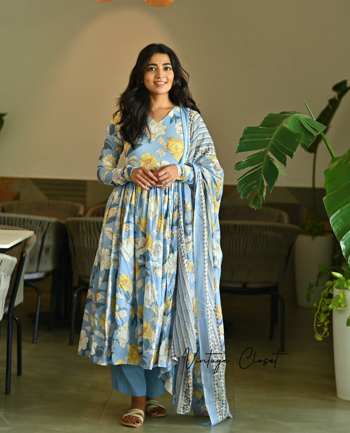 Surabhi – Blue Organic Cotton Block Print Anarkali Suit