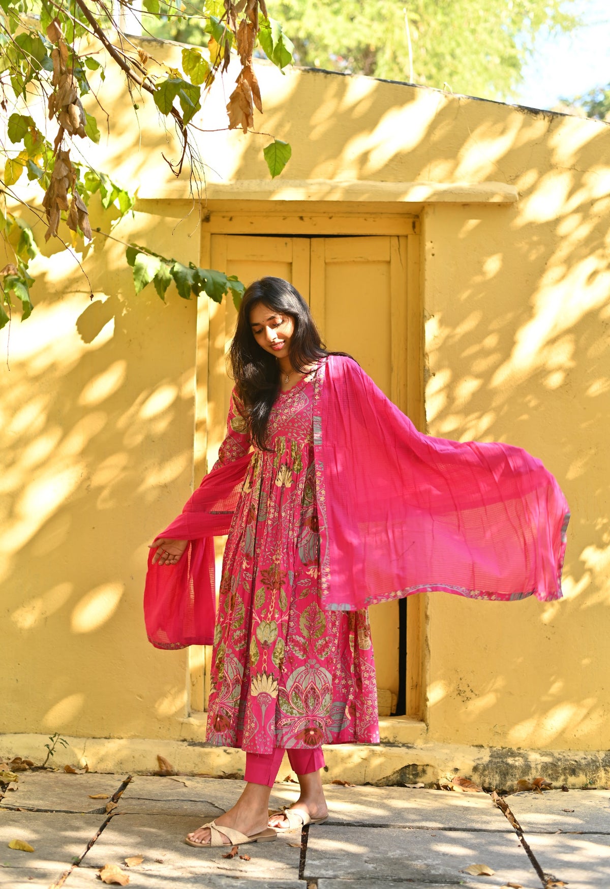 Aishu – Floral Block Print Alia-Cut Anarkali Set with Kota Dupatta