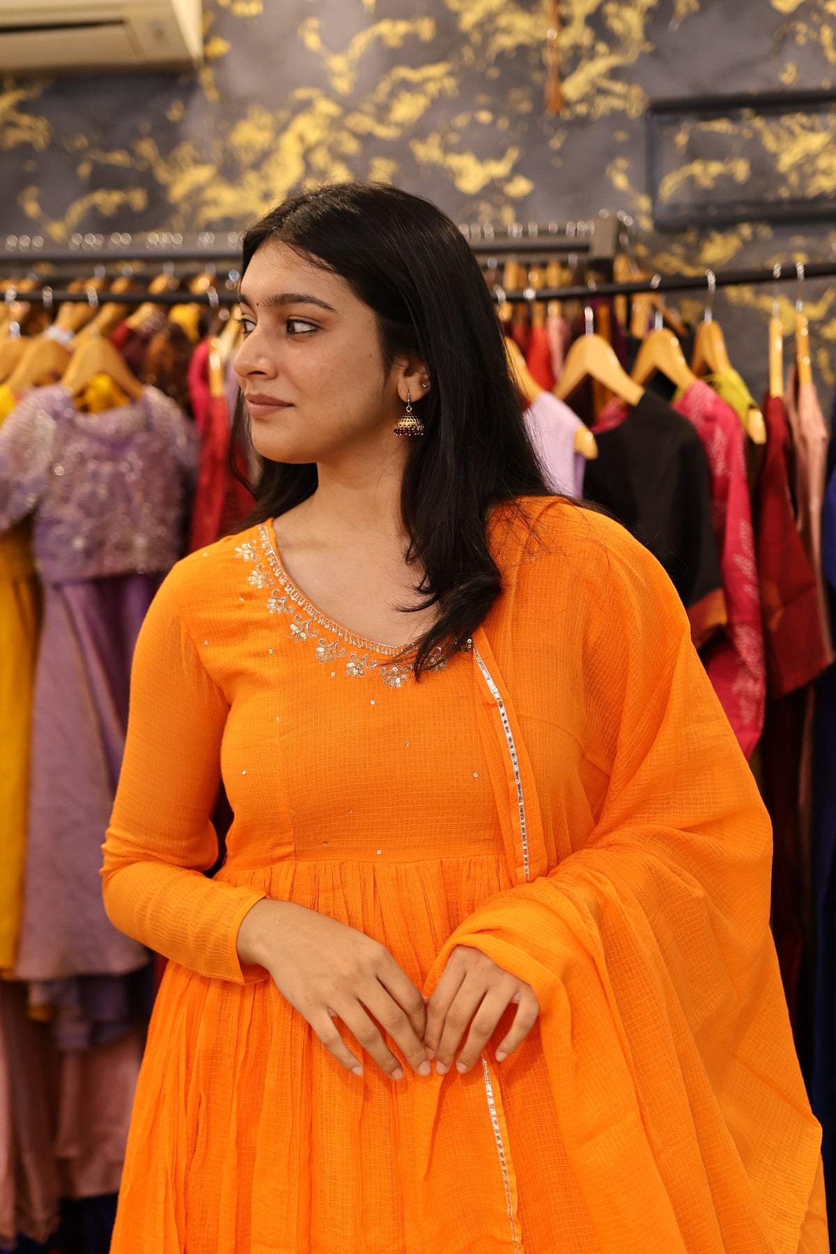 Saanvi – Orange Kota Cotton Anarkali Suit Set