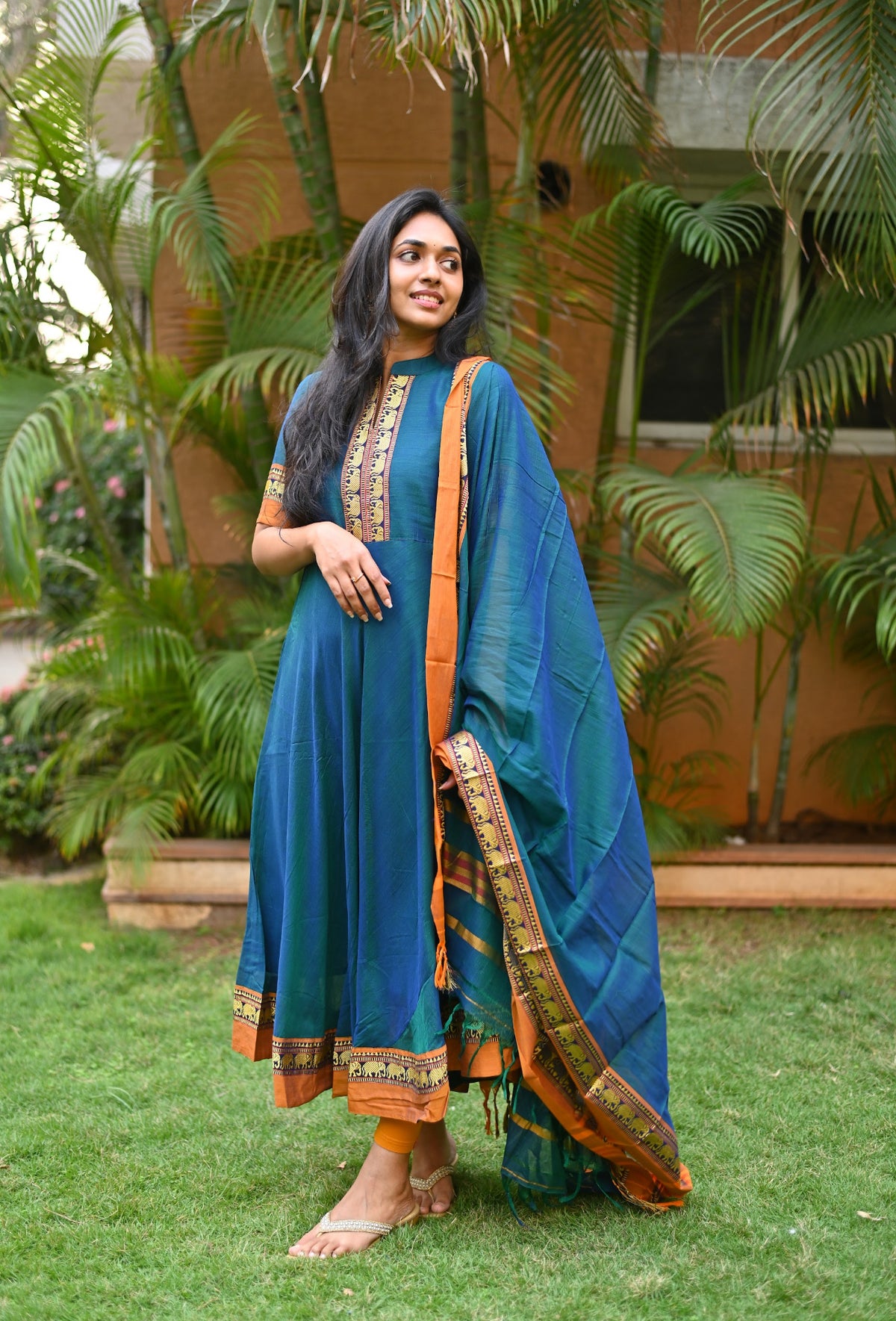 Arti Gold – Peacock Narayanpet Anarkali with Mustard Dupatta