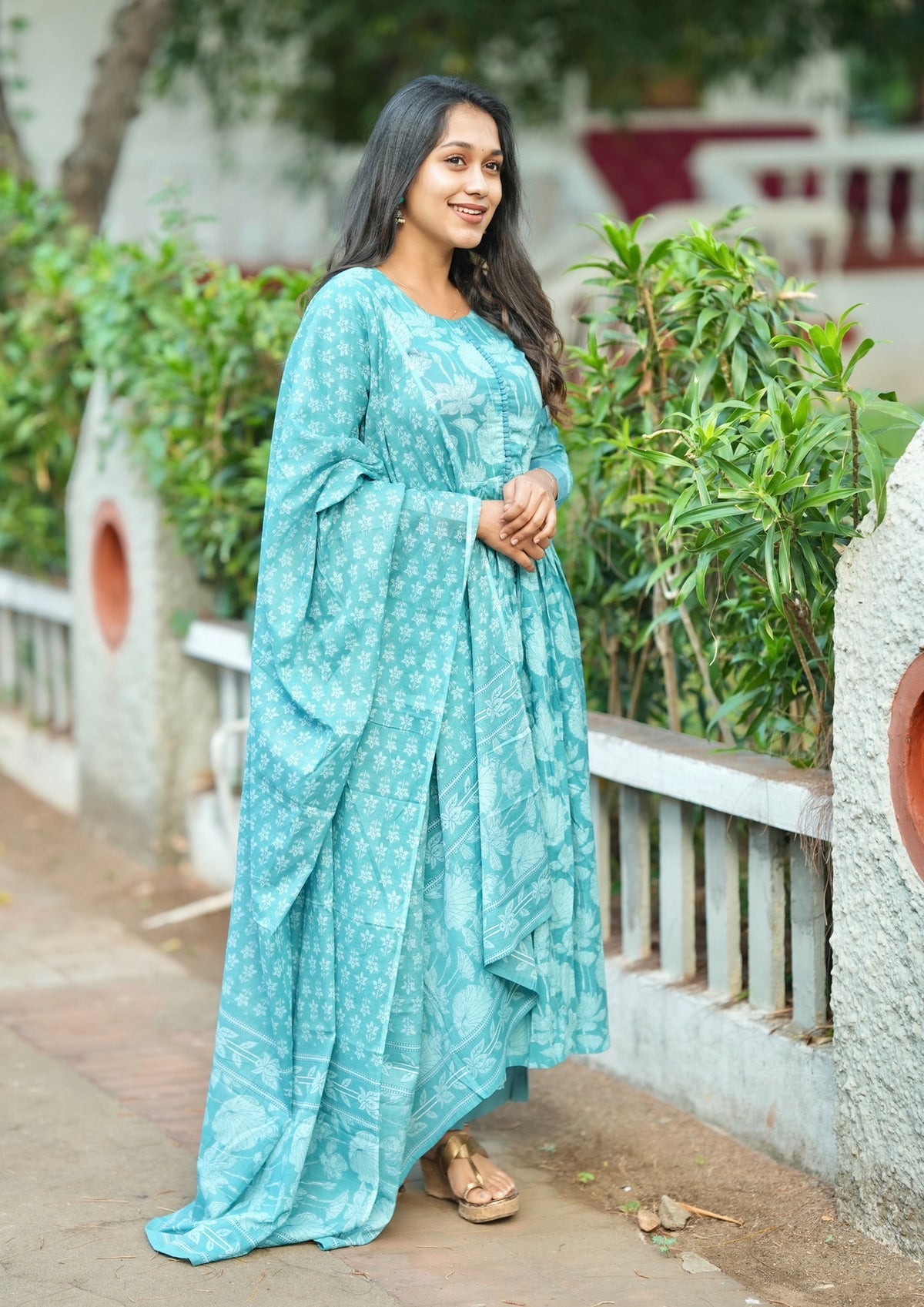 Amayra – Blue Cotton Handblock Print Anarkali Suit Set