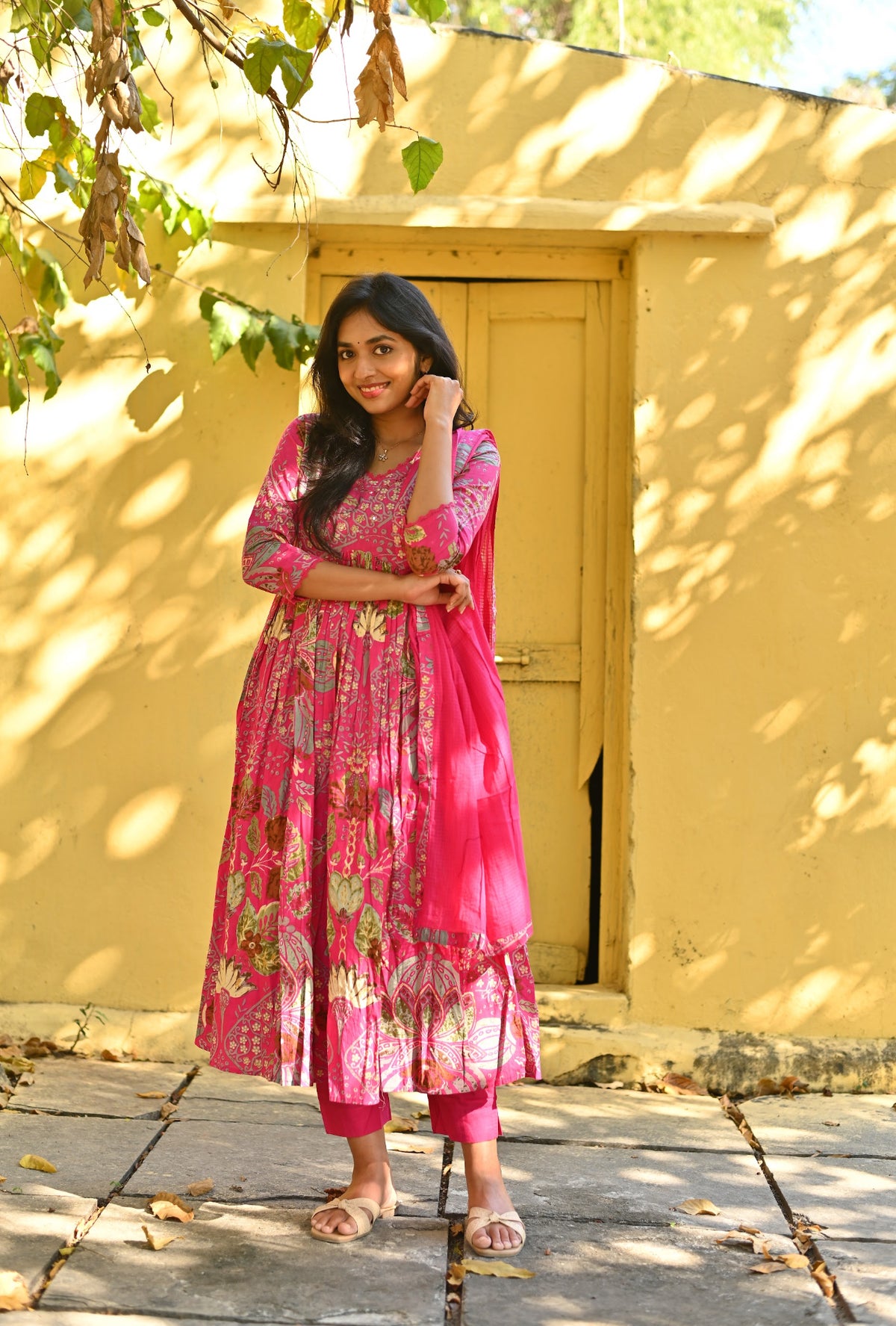 Aishu – Floral Block Print Alia-Cut Anarkali Set with Kota Dupatta