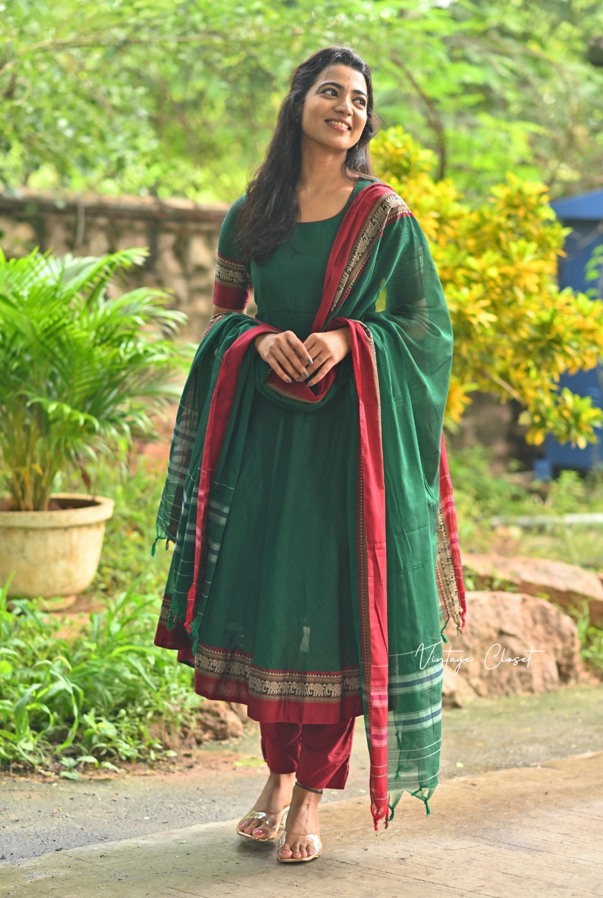 Arti – Bottle Green Narayanpet Anarkali with Maroon Dupatta