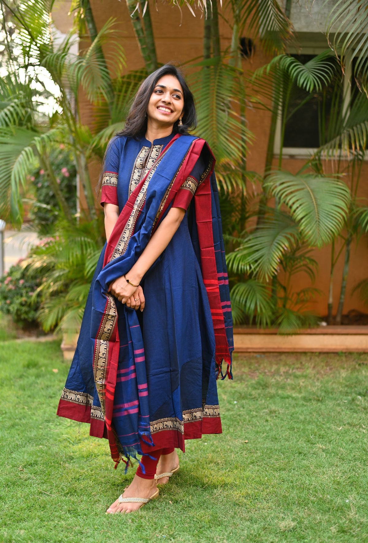 Arti – Blue Narayanpet Anarkali with Red Dupatta