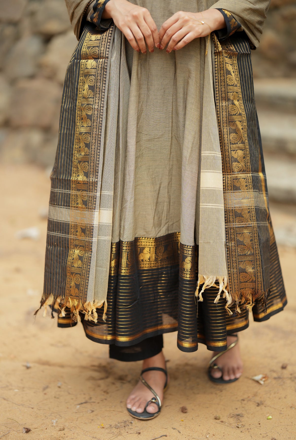 Damini – Black Chettinad Cotton Full-Flare Anarkali Suit