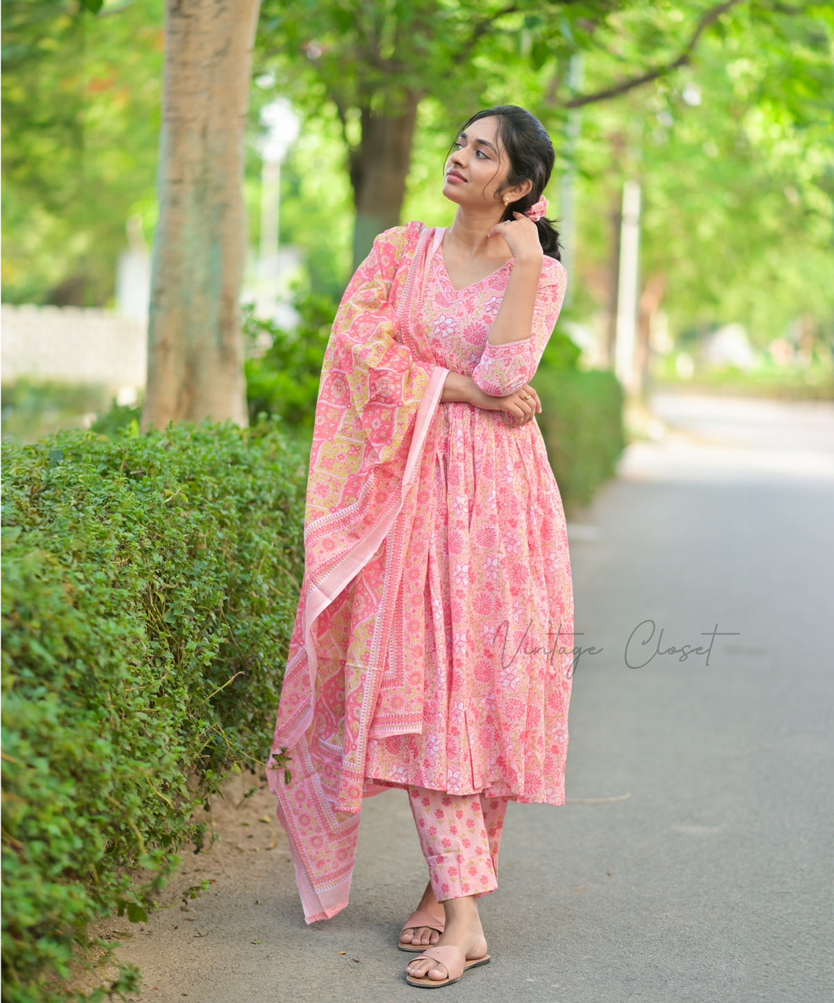 Sangamithra – Pink Handblock Print Suit with Kota Doria Dupatta