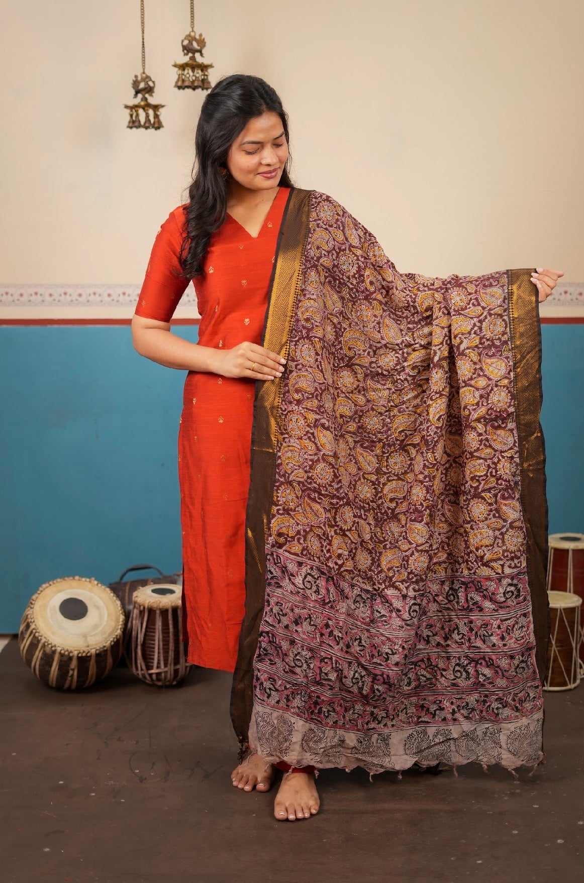 Meenakshi-Rust+kalamkari silk dupatta