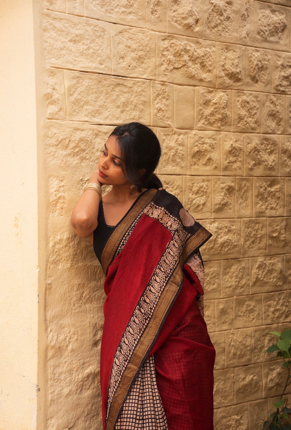 Tripti -Maheshwari silk Bagru saree(Maroon)