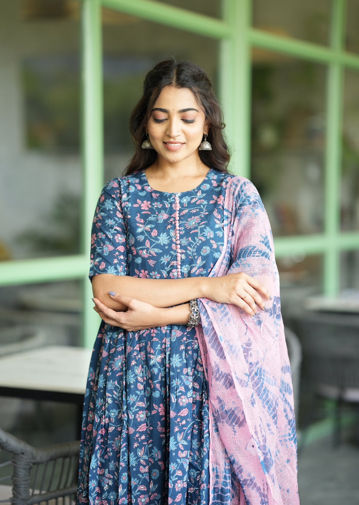 Athmika blue floral cotton Anarkali suit set