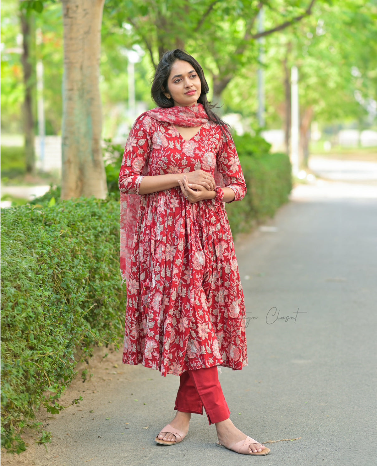 Kalpana – Red Handblock Print Suit with Kota Doria Dupatta