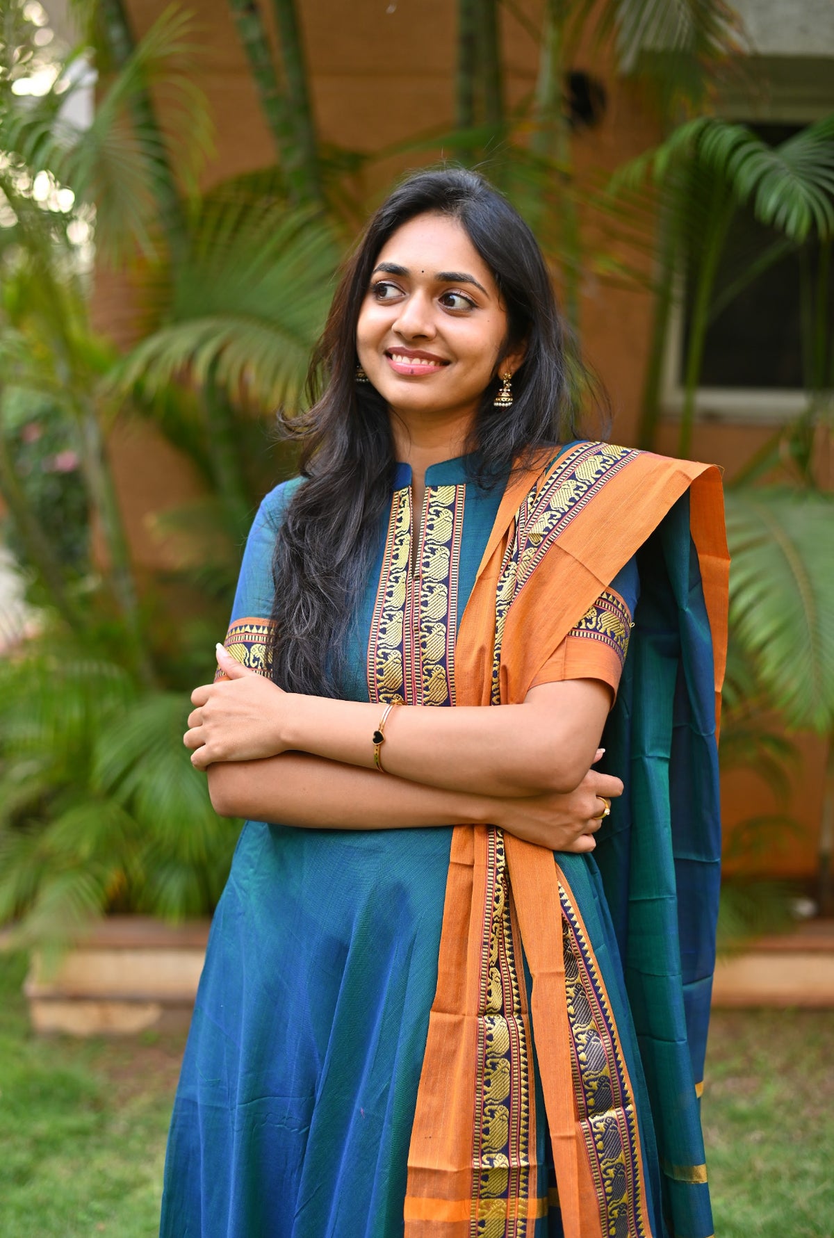 Arti Gold – Peacock Narayanpet Anarkali with Mustard Dupatta