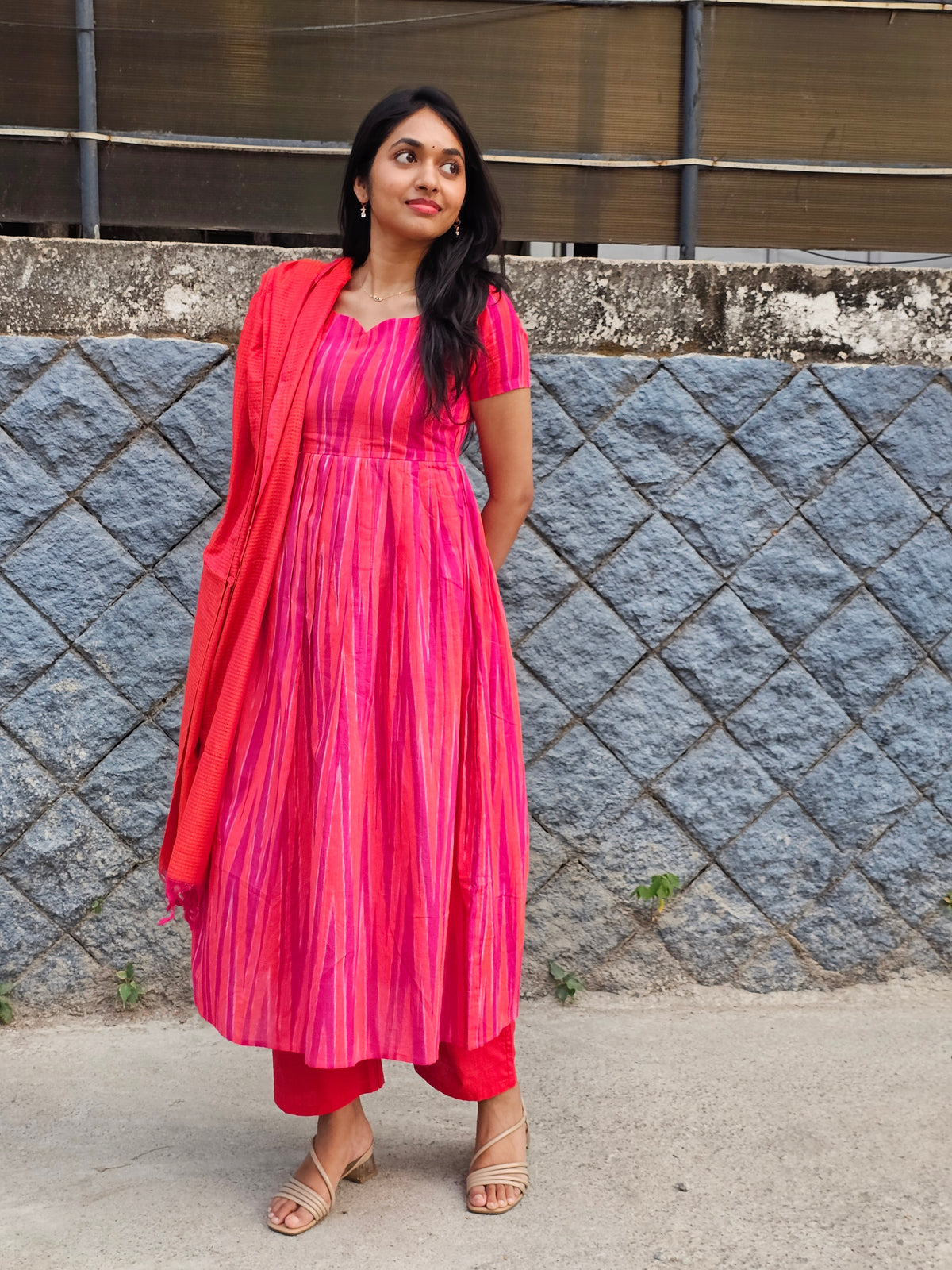 Sangavi – Pink Ikkat Box-Pleat Kurta Suit Set