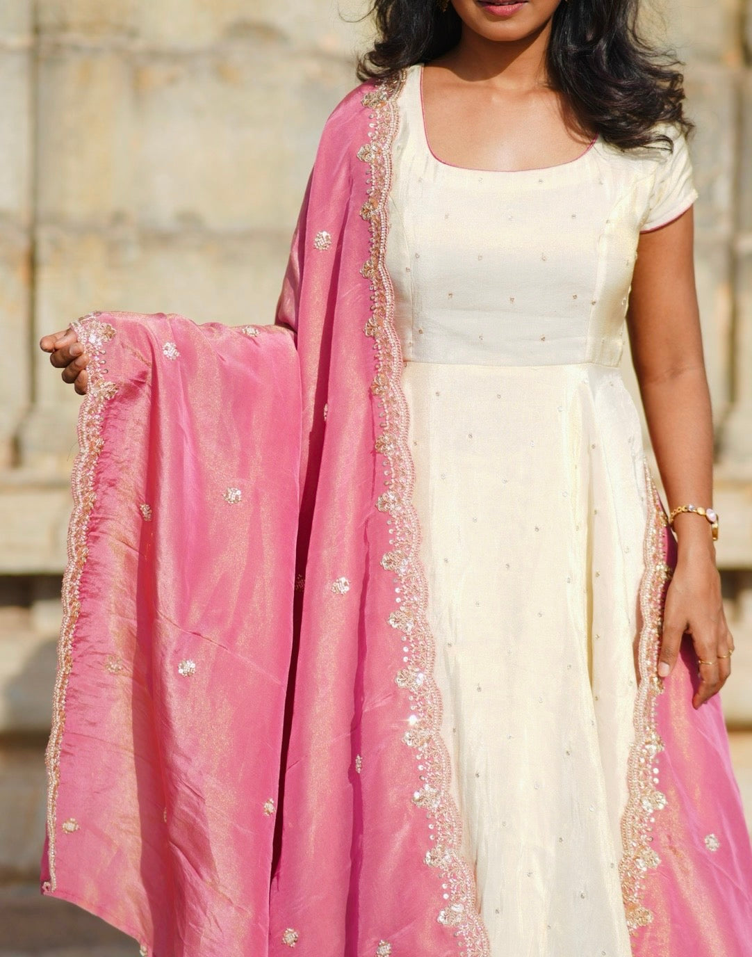 Reji – Cream Tissue Silk Anarkali with Onion Pink Dupatta