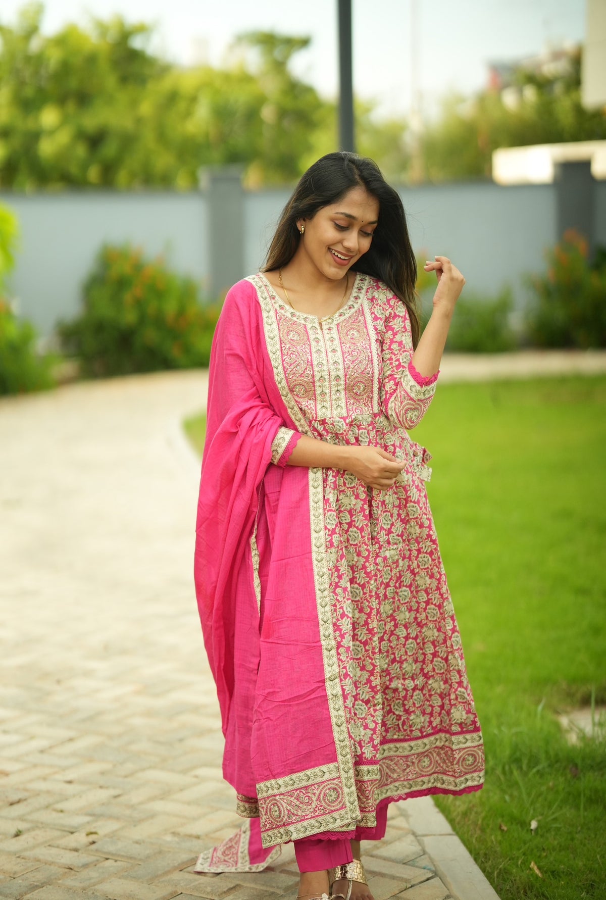 Premika – Pink Cotton Embroidered Anarkali Suit Set