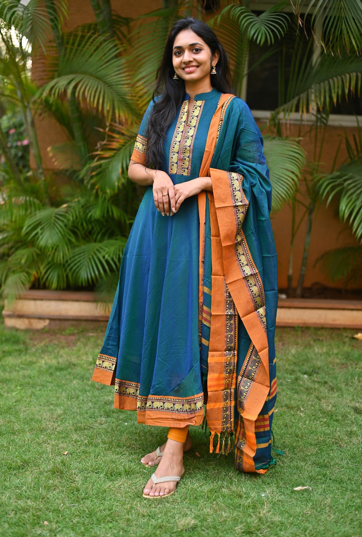 Arti Gold – Peacock Narayanpet Anarkali with Mustard Dupatta