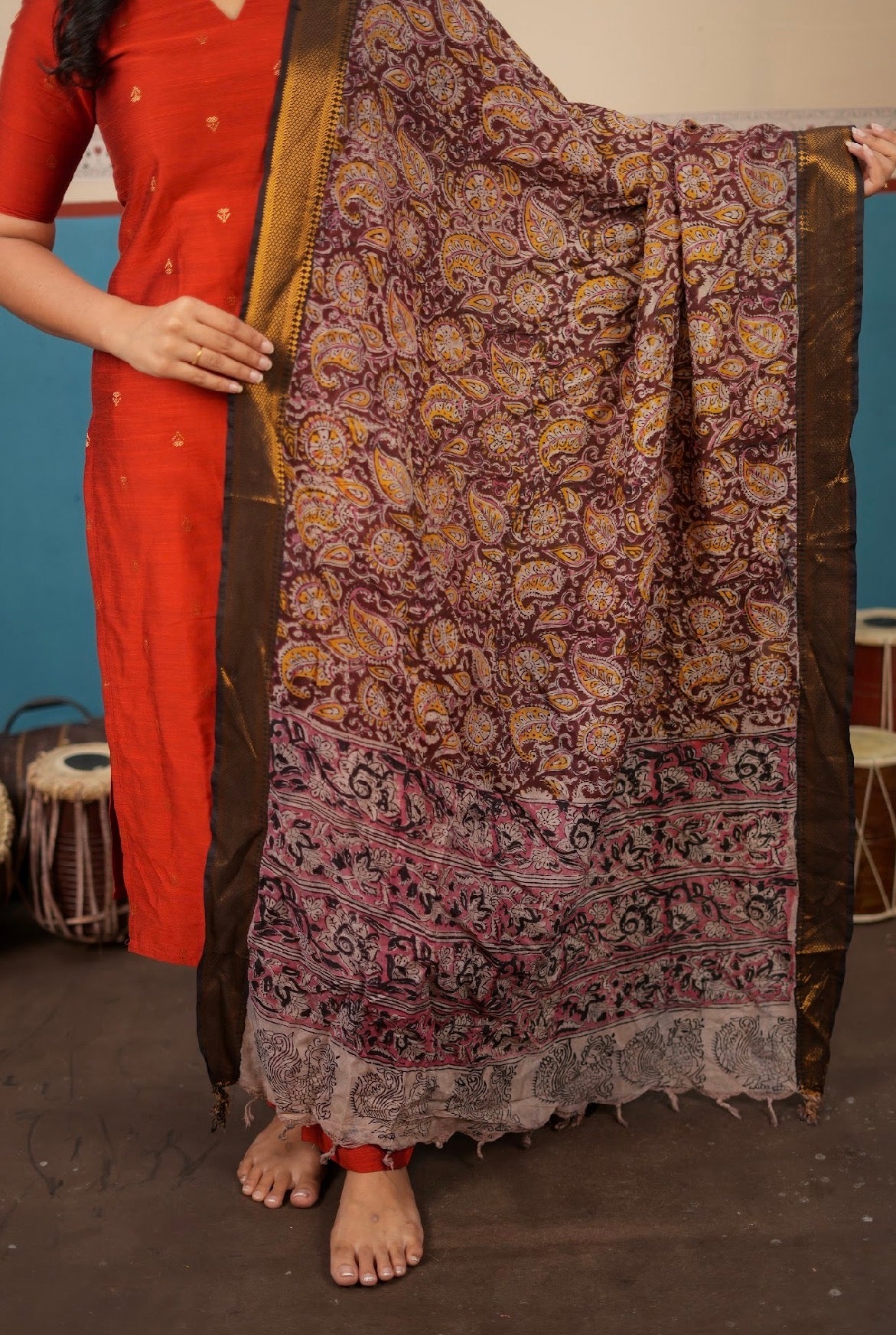 Meenakshi-Rust+kalamkari silk dupatta