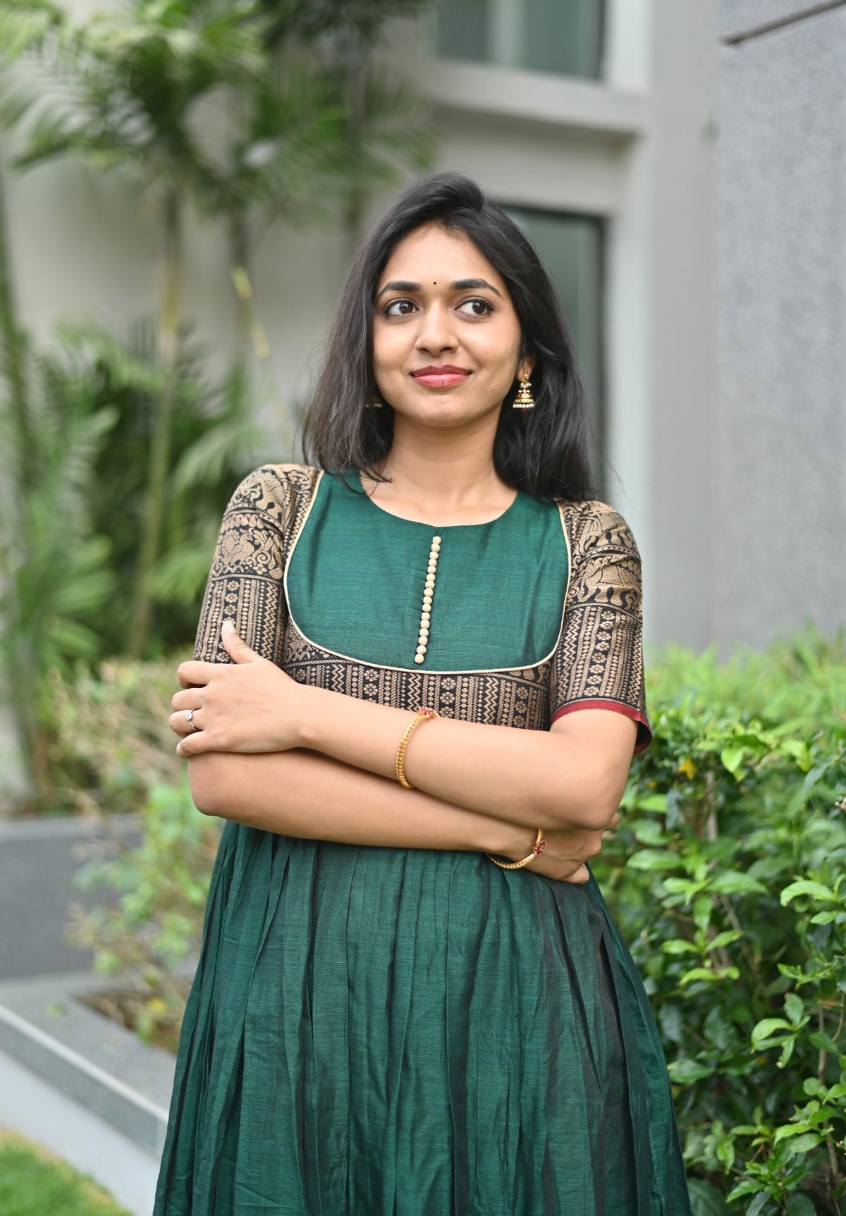 Smrithi – Green Narayanpet Cotton Temple Anarkali Dress