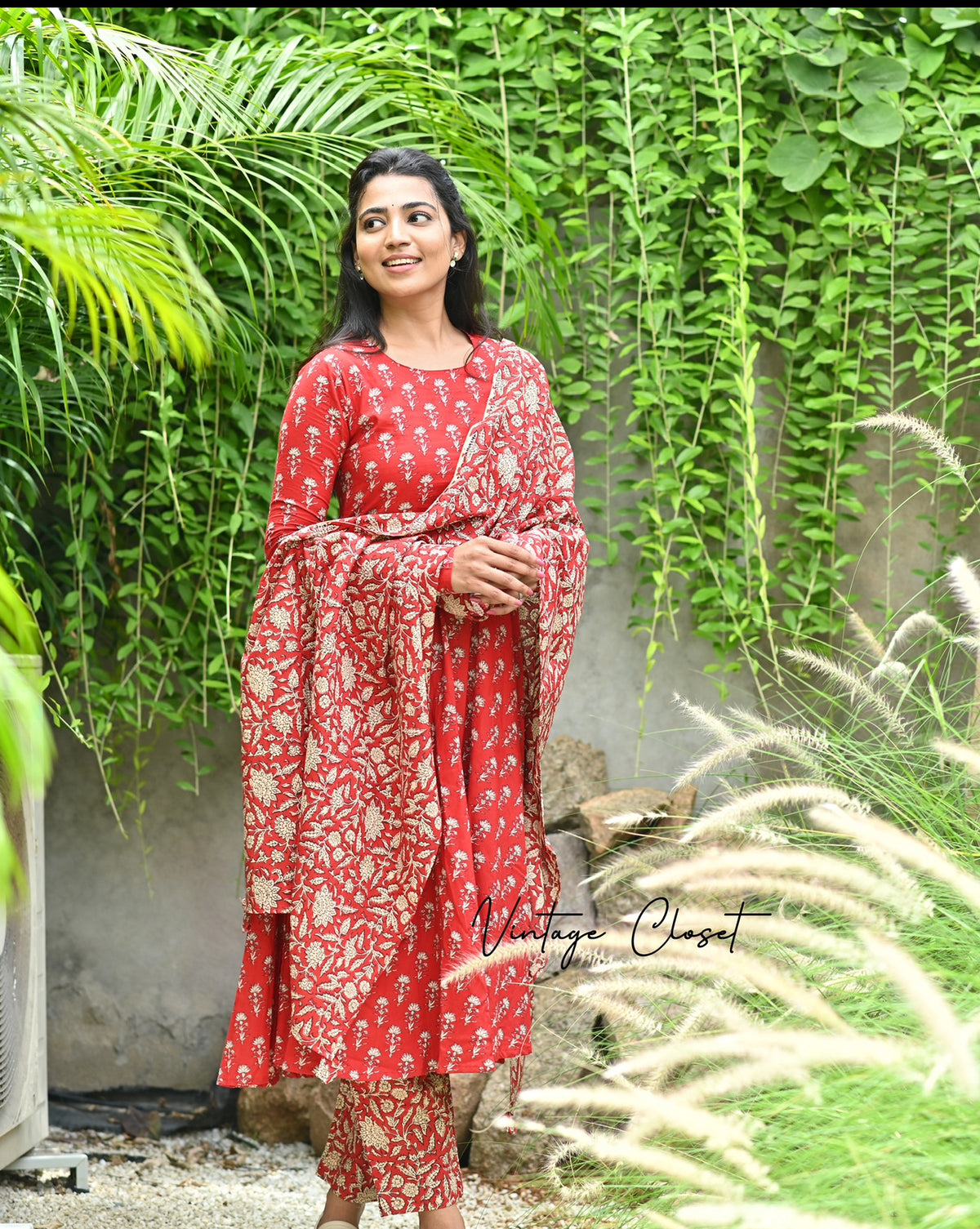 Shreya – Cherry Red Cotton Block Print Anarkali Suit Set