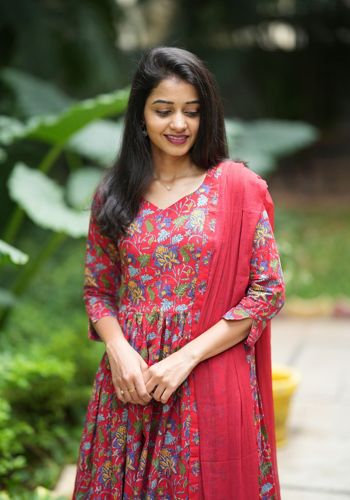 Sneha – Pink Block Print Anarkali with Chiffon Dupatta