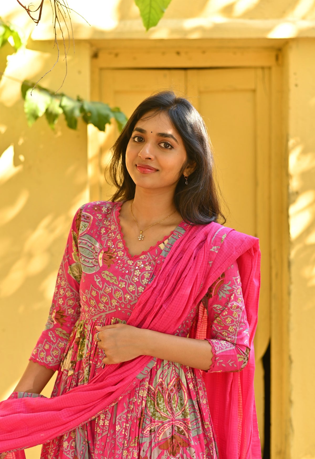 Aishu – Floral Block Print Alia-Cut Anarkali Set with Kota Dupatta