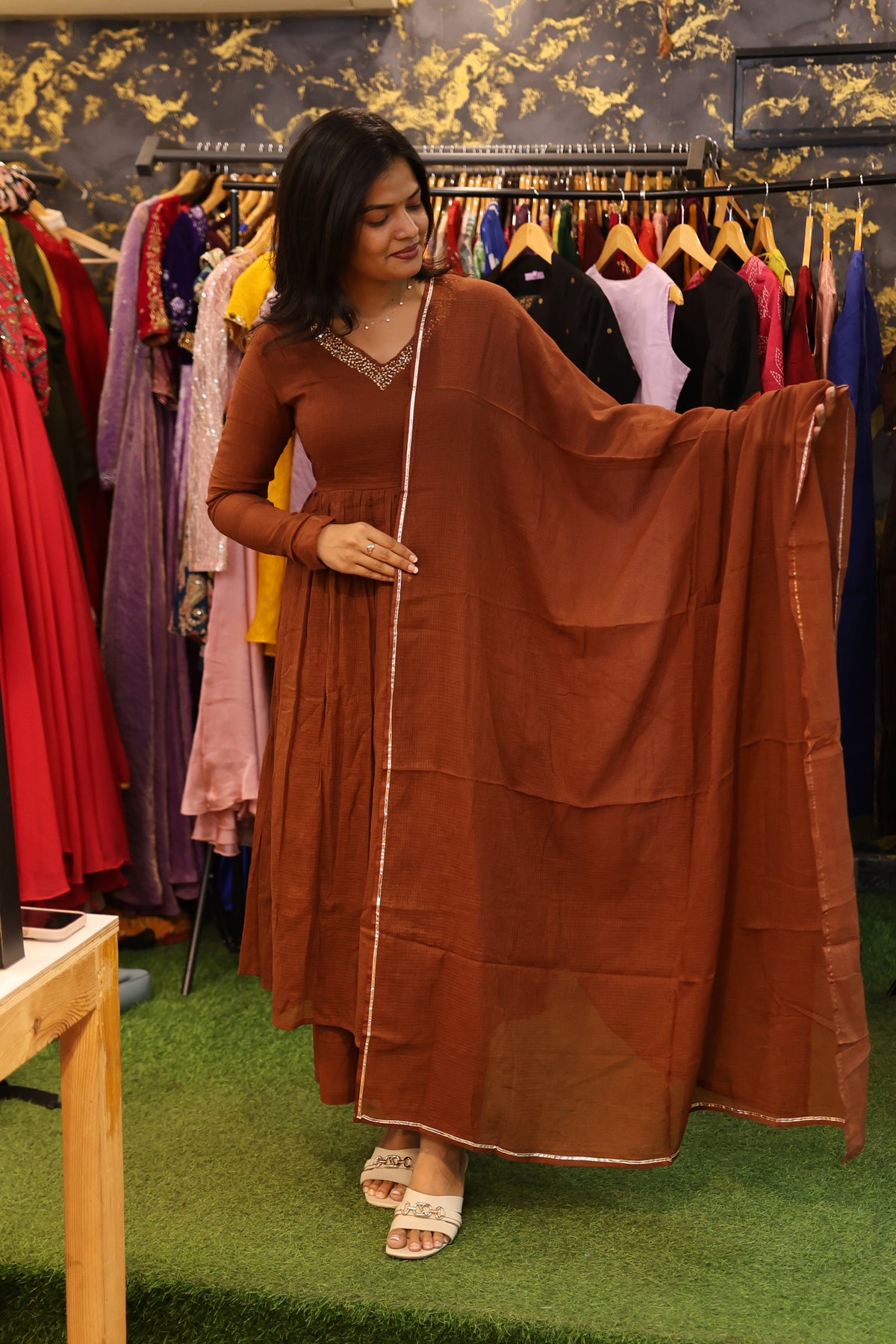 Saanvi – Coffee Brown Kota Cotton Anarkali Suit Set with Dupatta