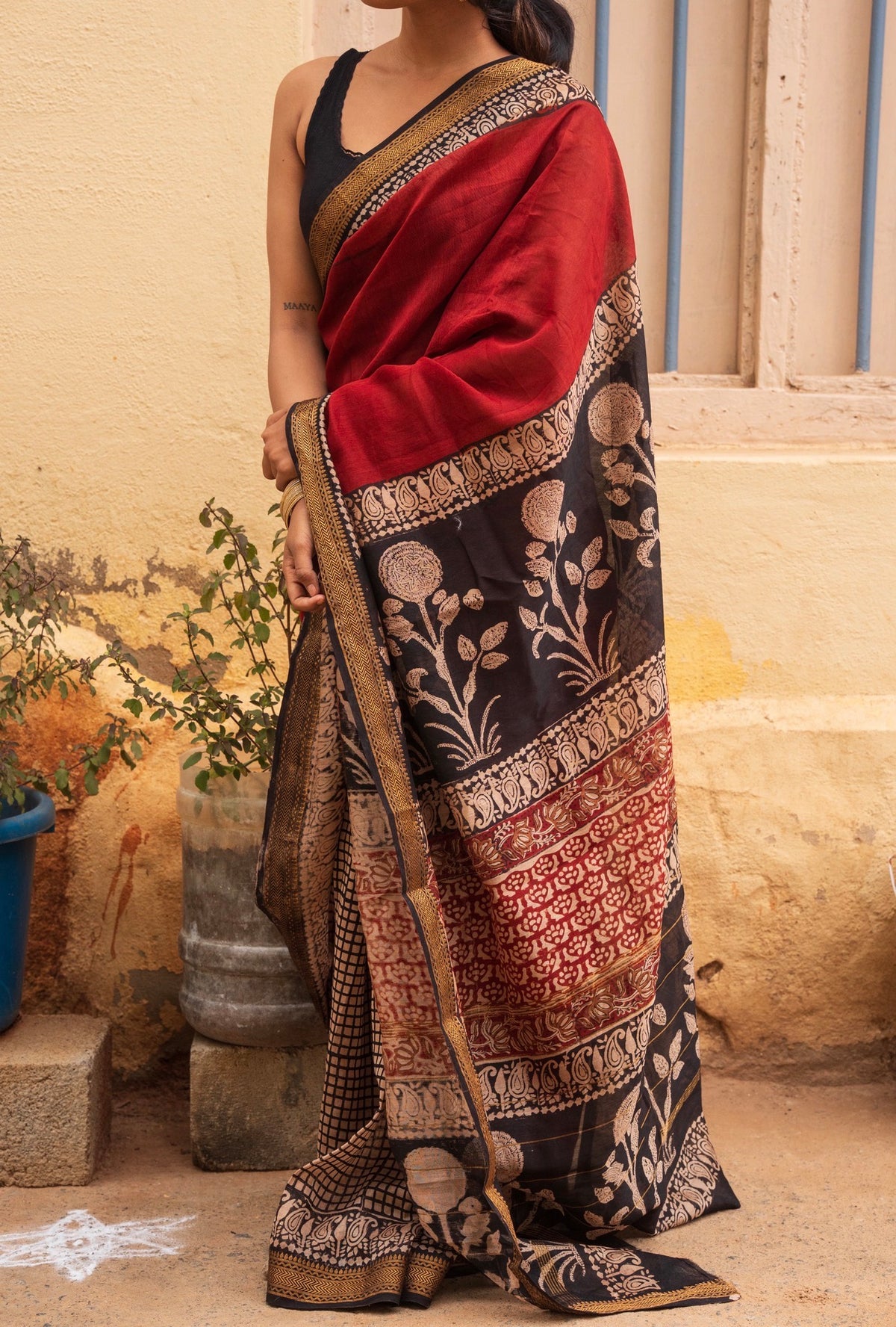Tripti -Maheshwari silk Bagru saree(Maroon)
