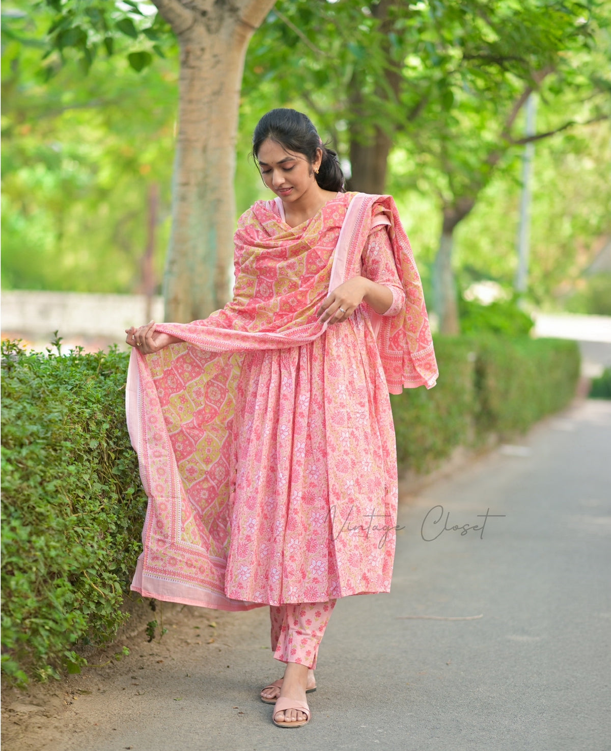 Sangamithra – Pink Handblock Print Suit with Kota Doria Dupatta
