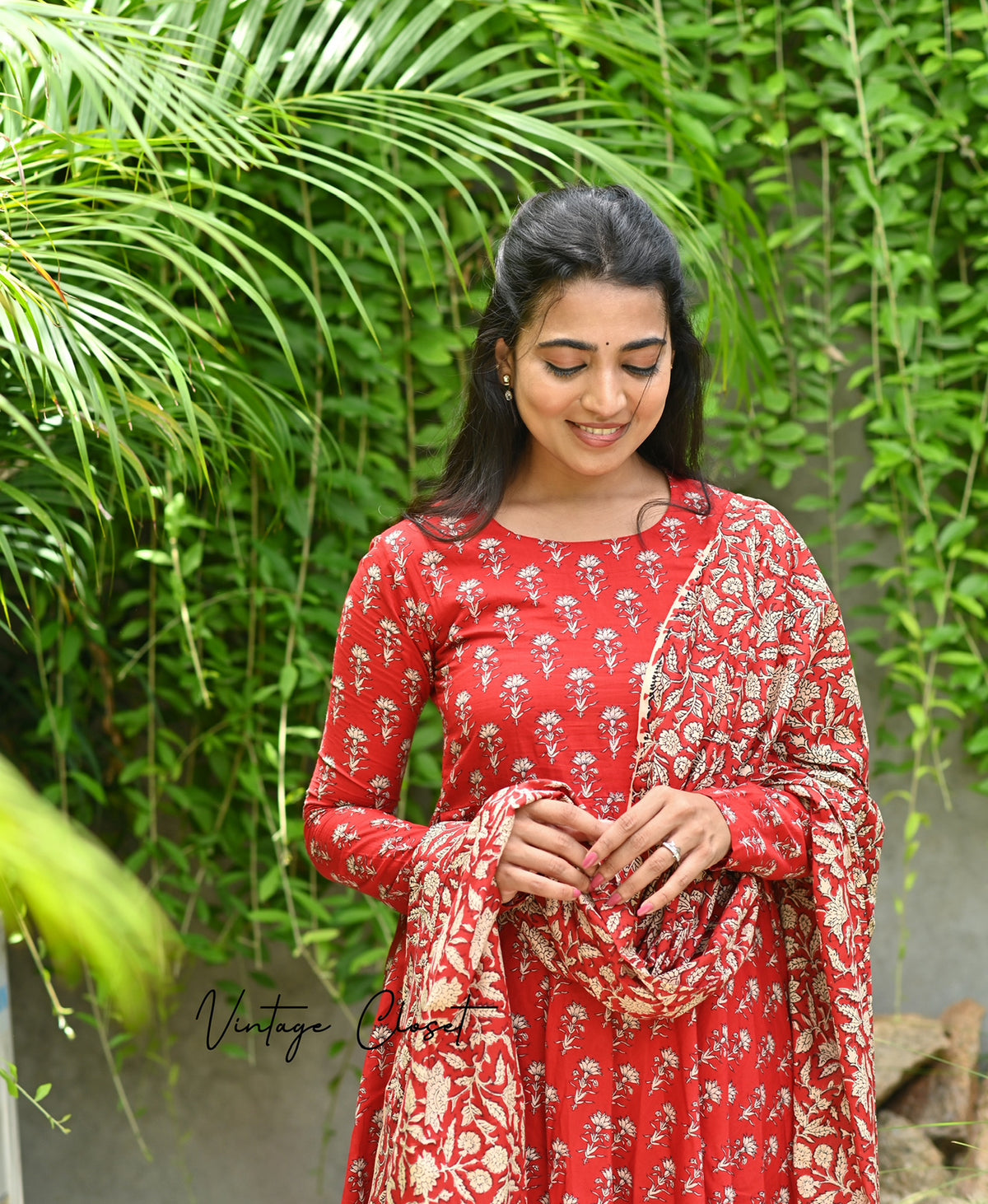 Shreya – Cherry Red Cotton Block Print Anarkali Suit Set