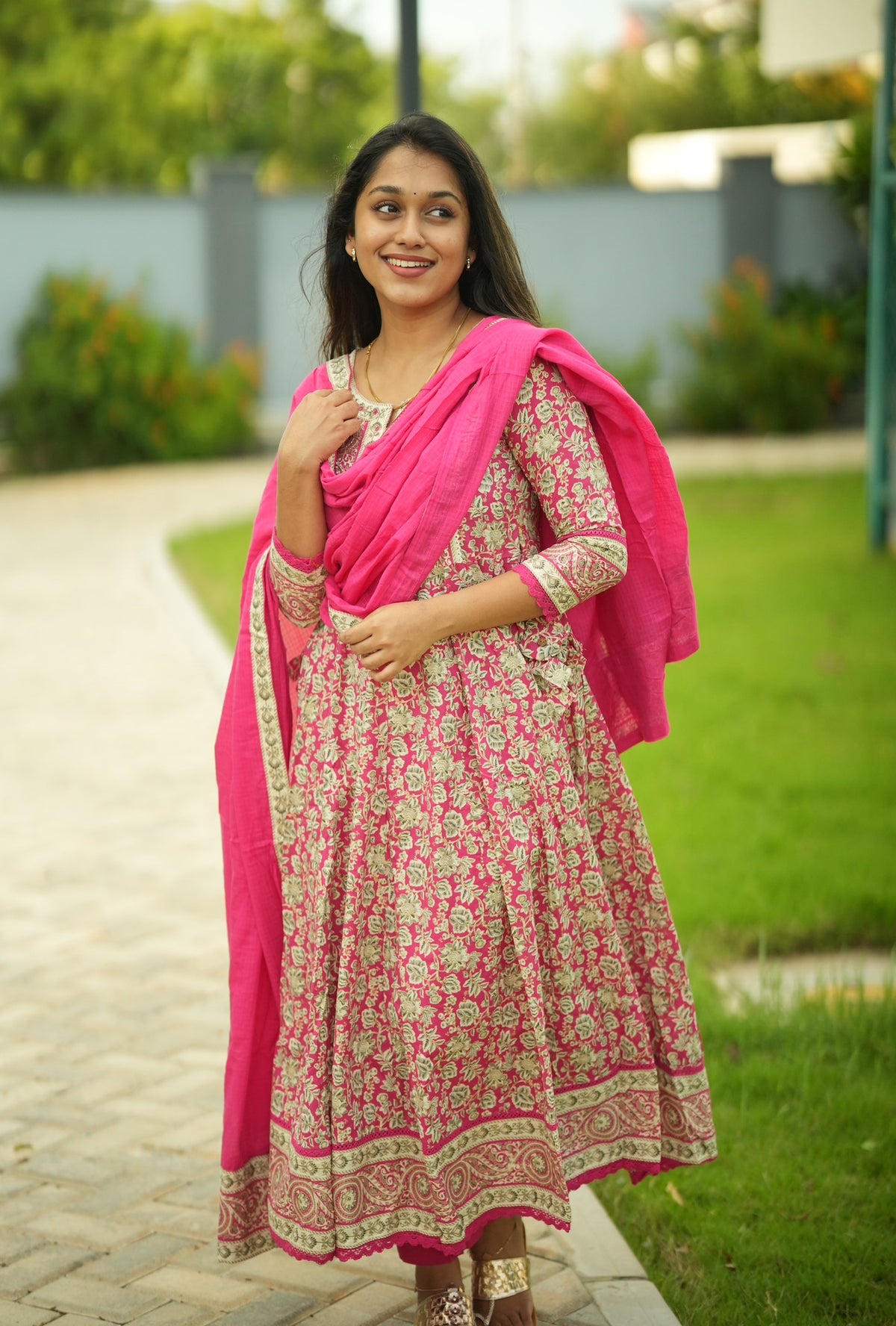 Premika – Pink Cotton Embroidered Anarkali Suit Set