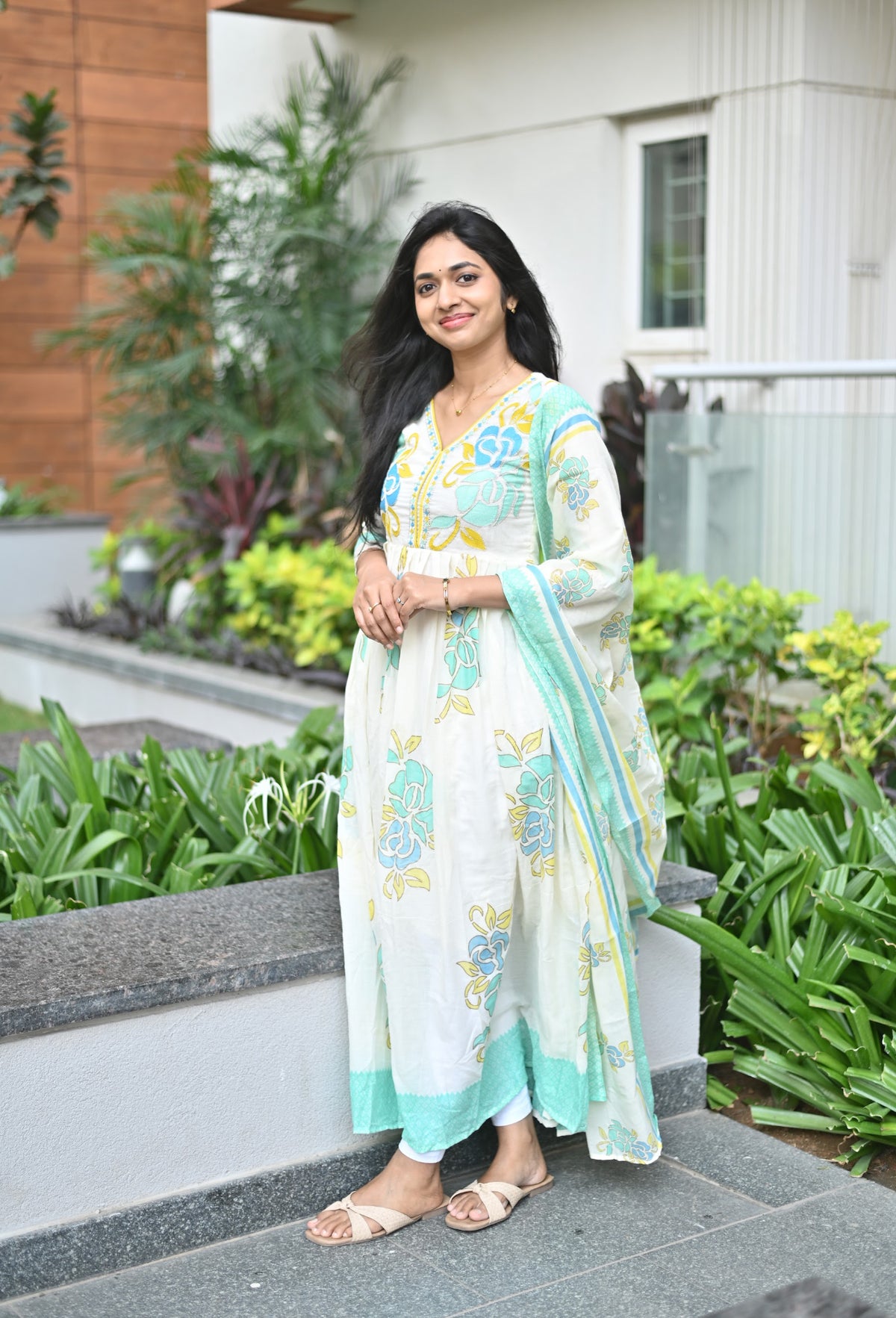 Shalini – Blue Embroidered Mul Cotton Dress & Dupatta Set