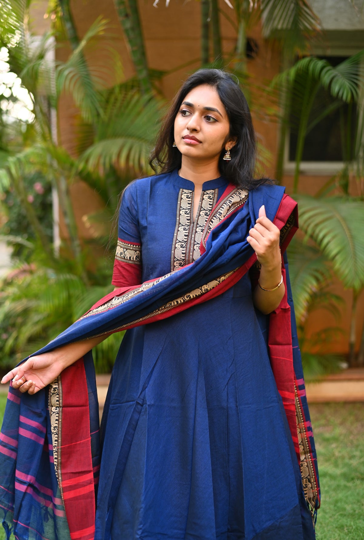 Arti – Blue Narayanpet Anarkali with Red Dupatta