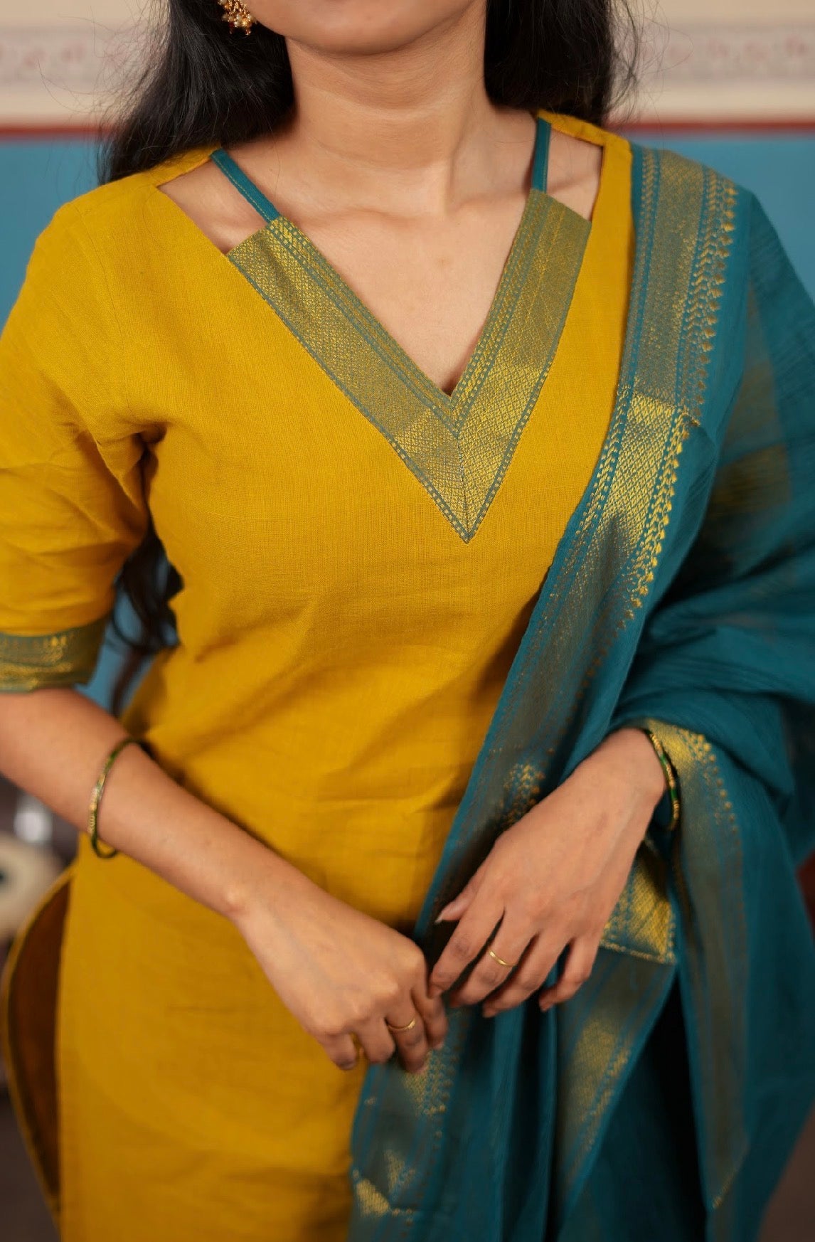 PANCHAMI -Mangalgiri set mustard with Rama blue  (VC746)