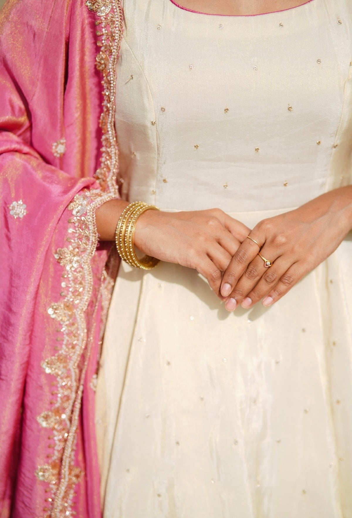 Reji – Cream Tissue Silk Anarkali with Onion Pink Dupatta