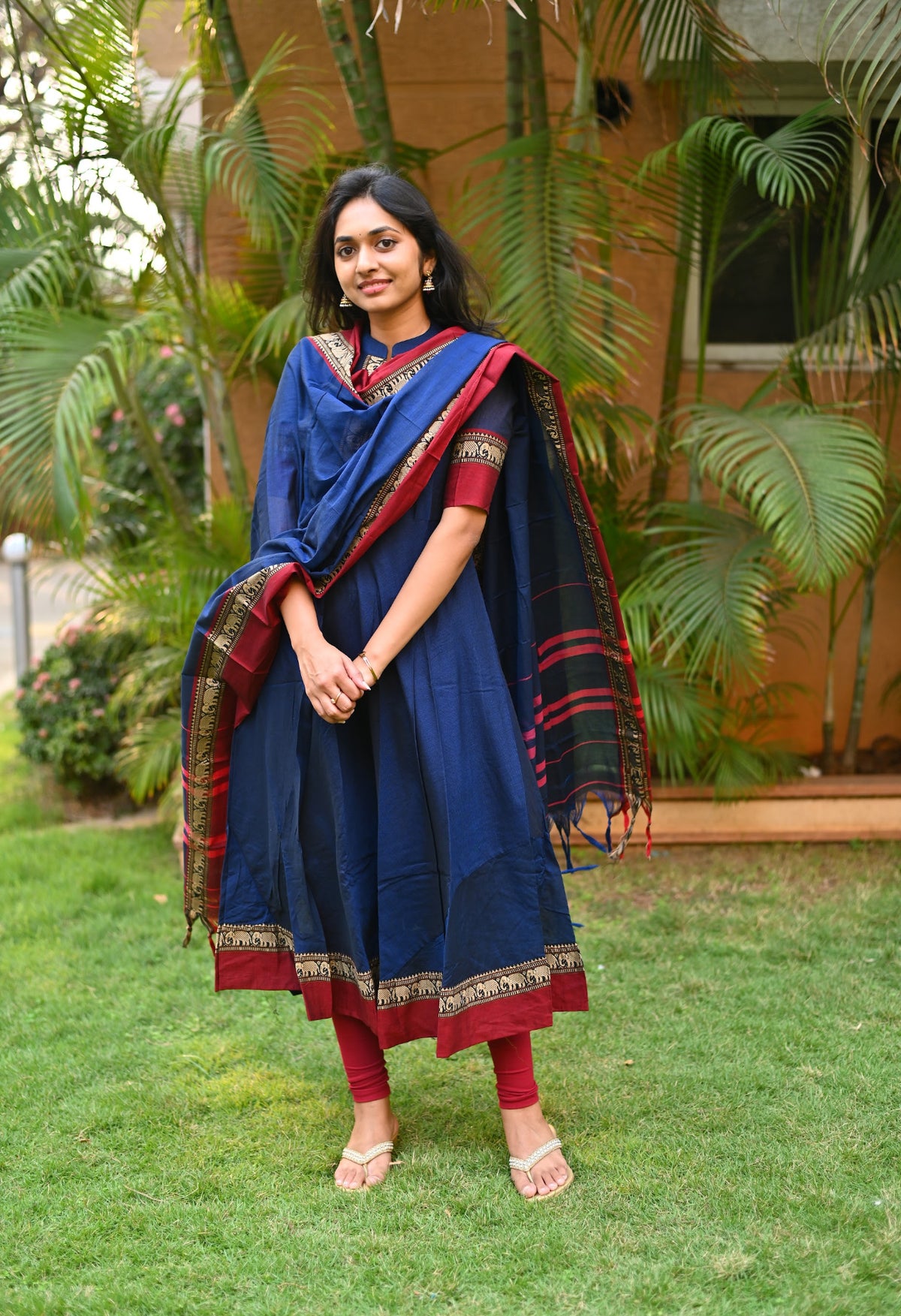 Arti – Blue Narayanpet Anarkali with Red Dupatta