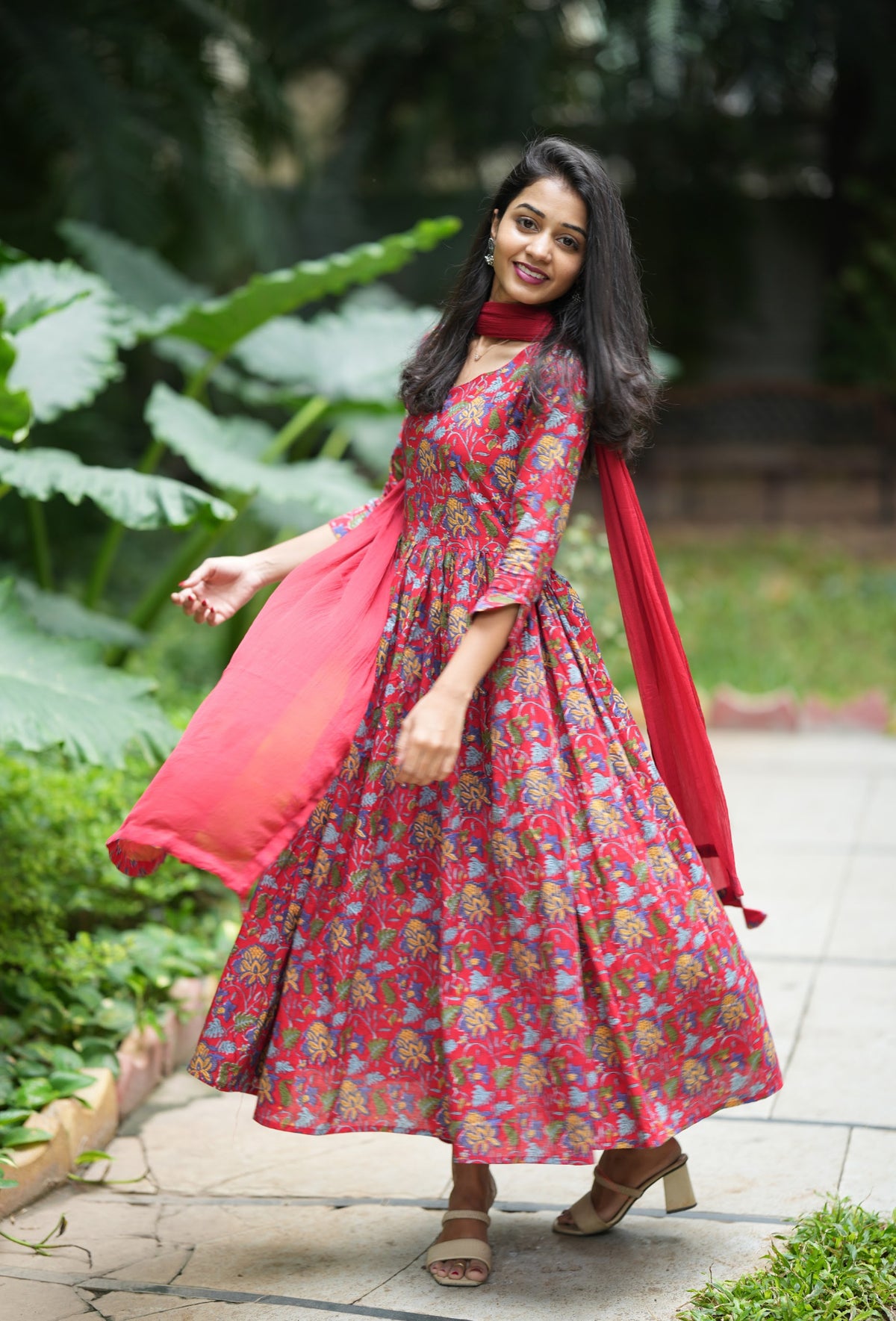 Sneha – Pink Block Print Anarkali with Chiffon Dupatta