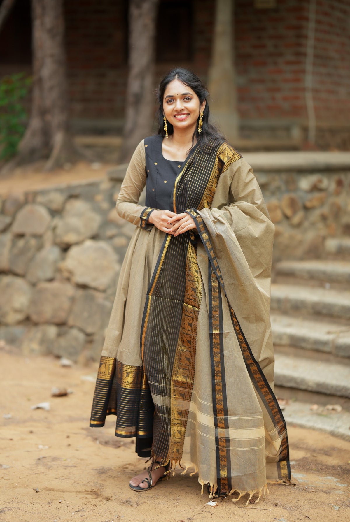Damini – Black Chettinad Cotton Full-Flare Anarkali Suit