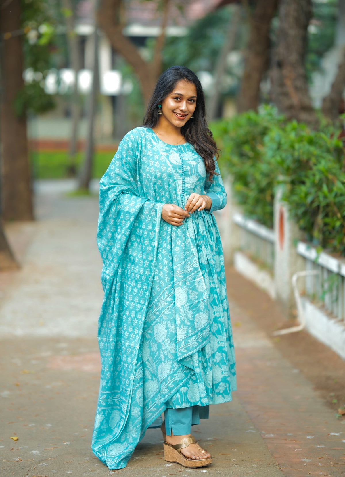 Amayra – Blue Cotton Handblock Print Anarkali Suit Set