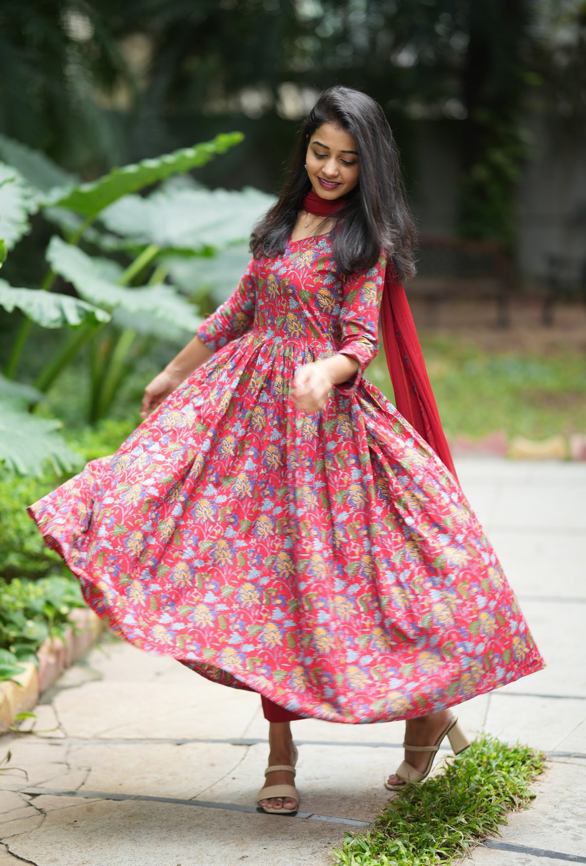 Sneha – Pink Block Print Anarkali with Chiffon Dupatta