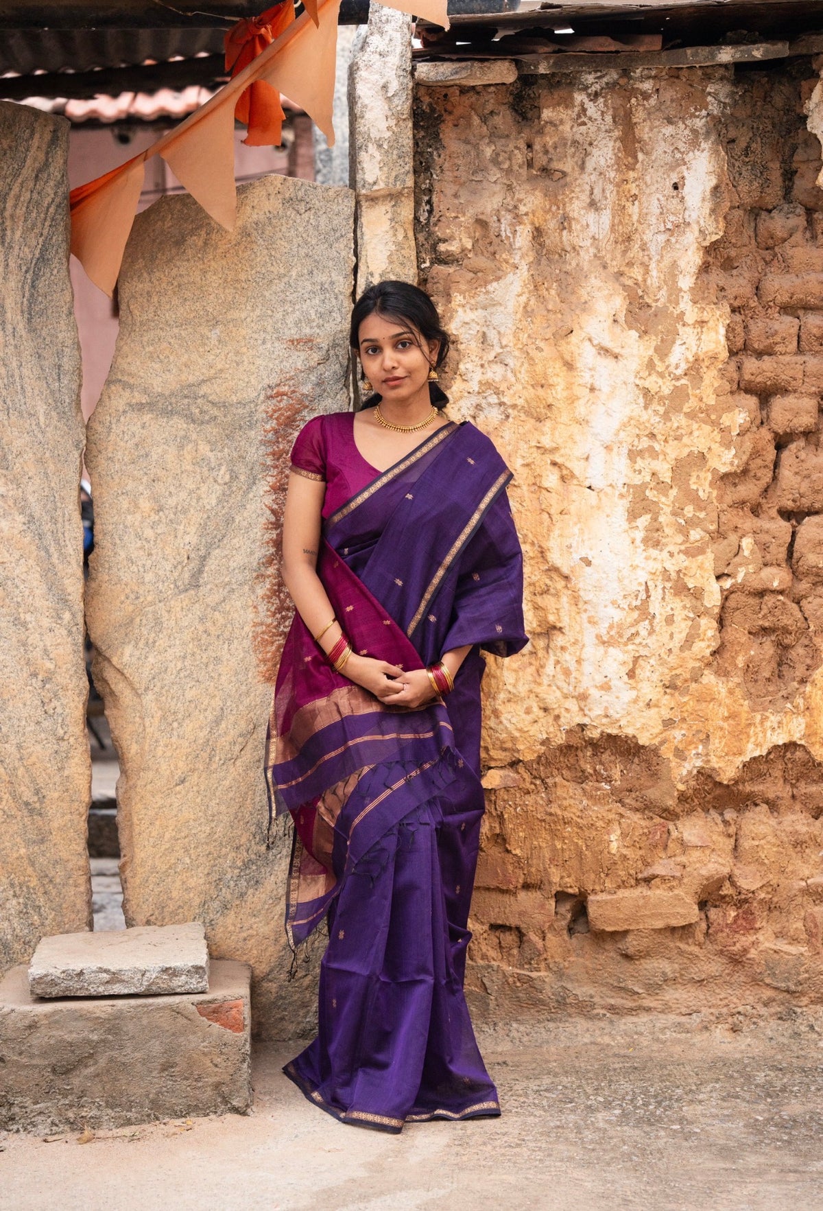 Sundari-Maheshwari silk saree (Violet+wine) VC1054