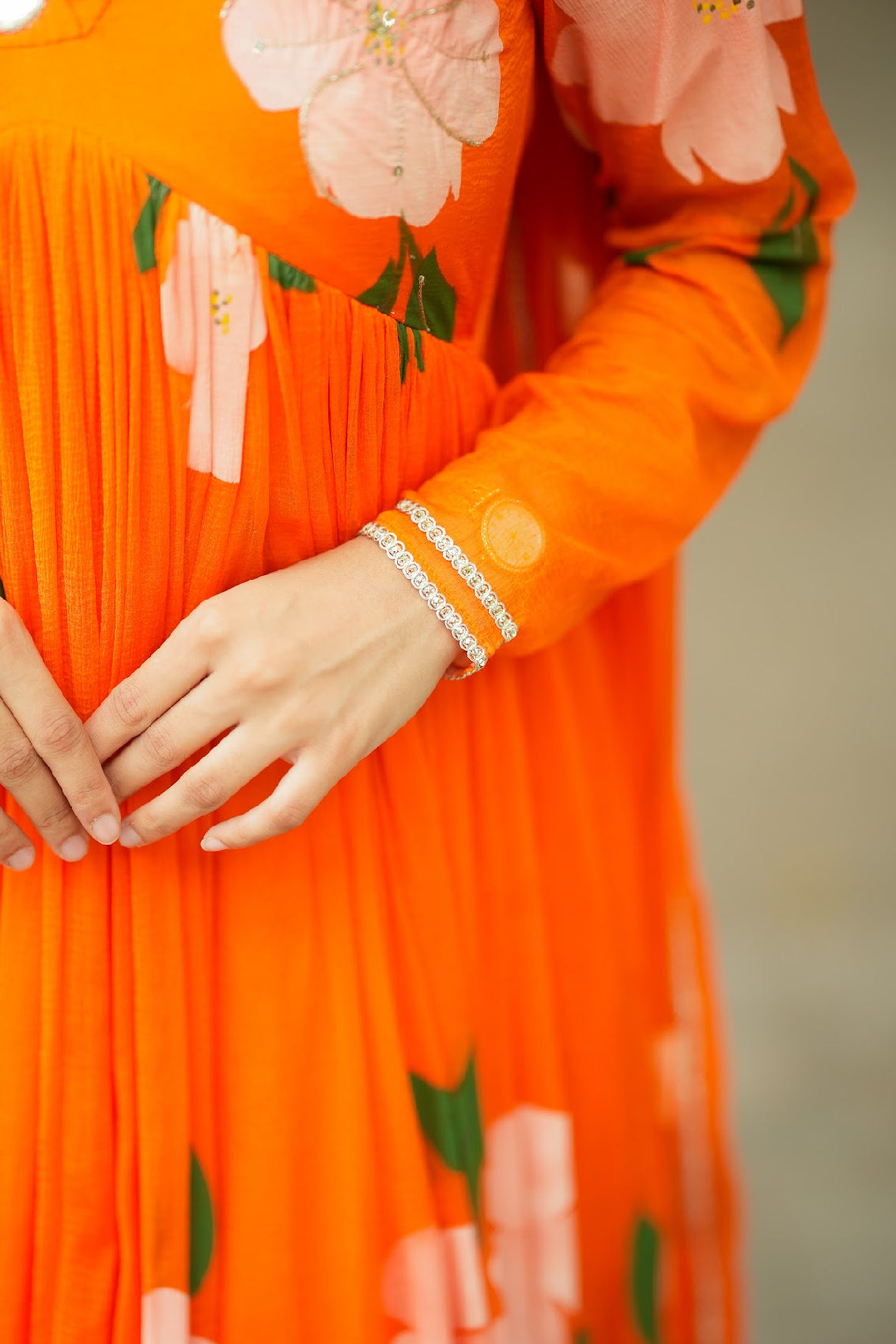 Tamara – Orange Hand-Painted Chiffon Alia-Cut Suit