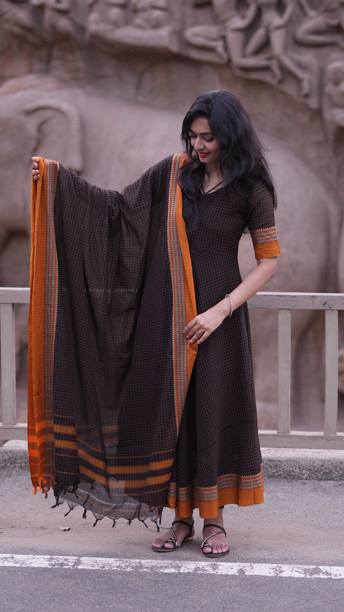 Arti Checks – Black Narayanpet Anarkali with Mustard Dupatta