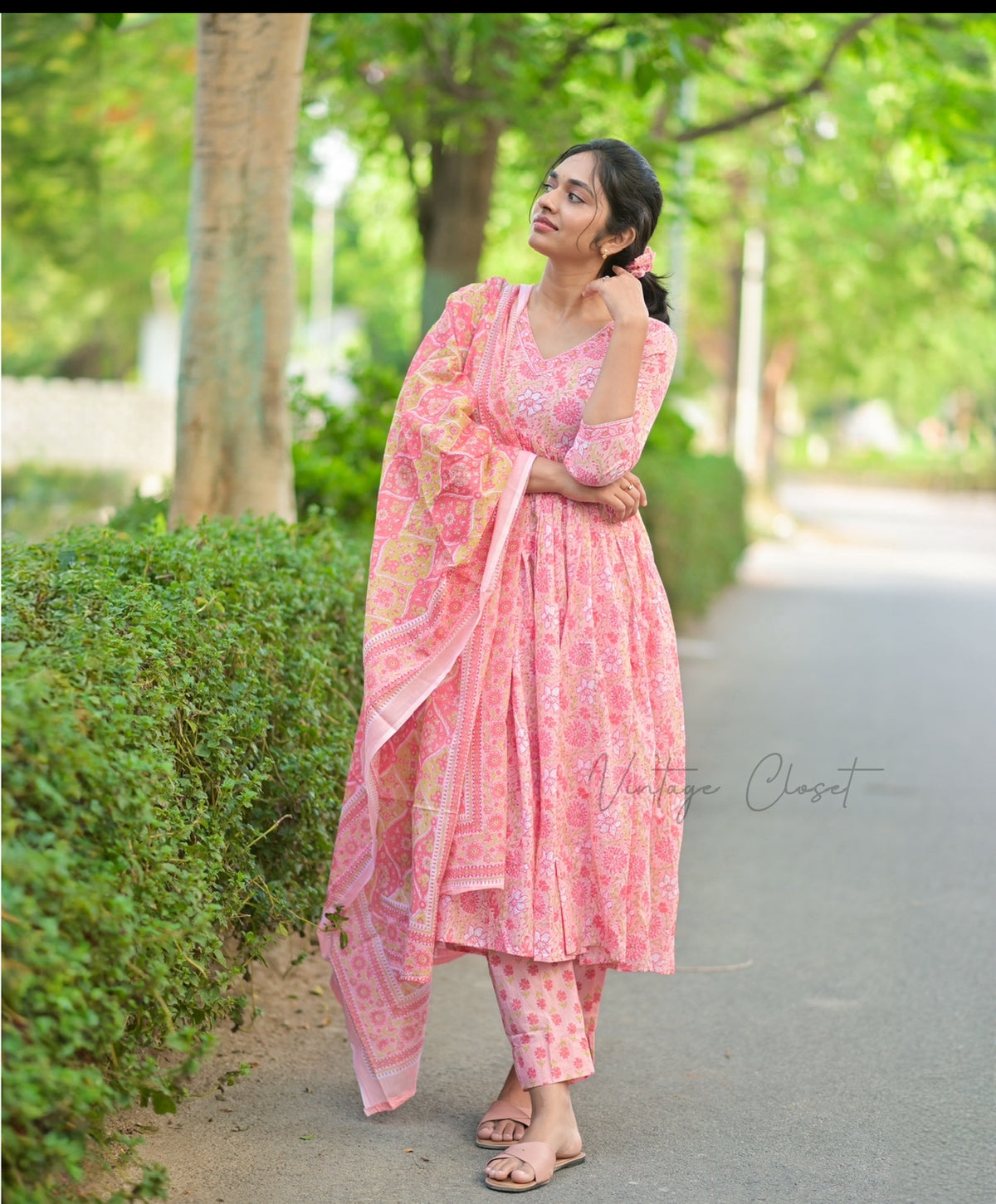 Sangamithra – Pink Handblock Print Suit with Kota Doria Dupatta