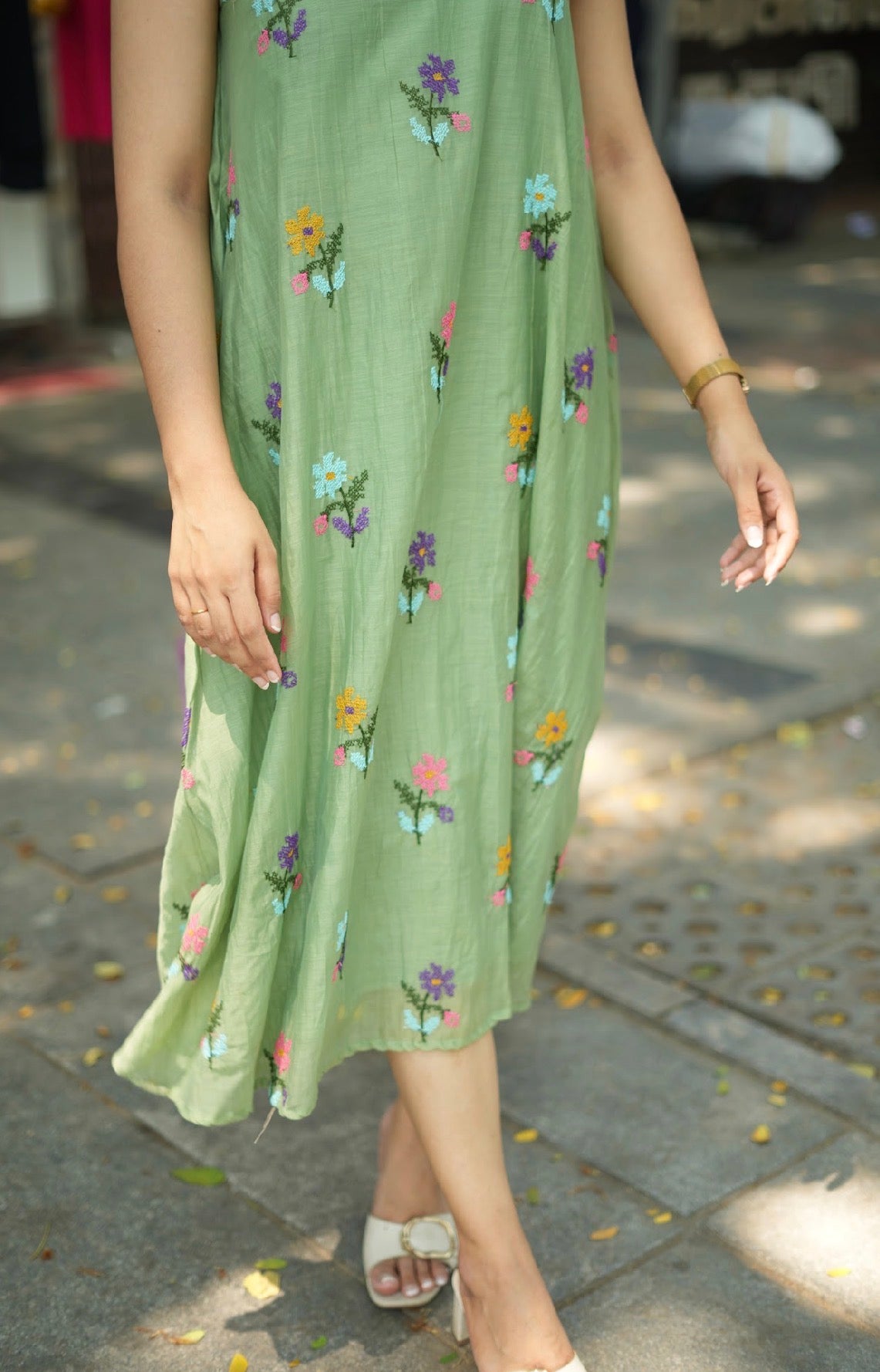 ANVI -  Sage green mal Chanderi embroidered summer dress -(VC768)