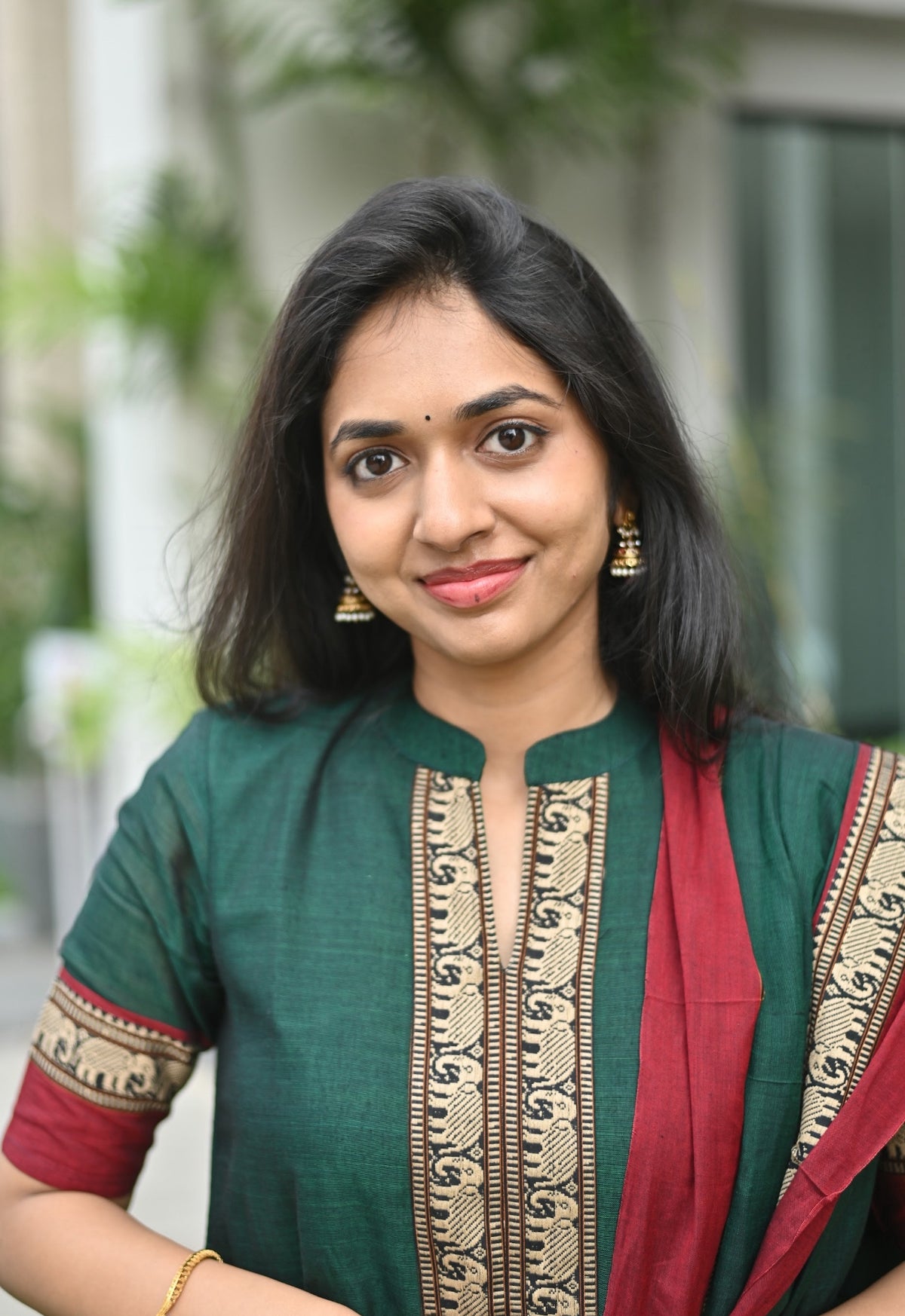 Arti – Green Narayanpet Anarkali with Red Dupatta